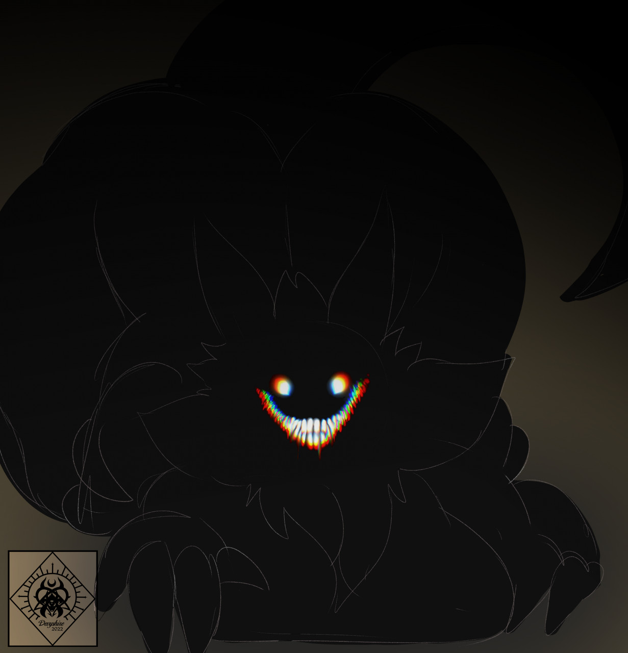 anthro, big breasts, black fur, breasts, chelsea (goatdevilwhite17), female, goatdevilwhite17, grinning, imminent sex, sharp teeth, smiler (the backrooms), smiling, solo, the backrooms
