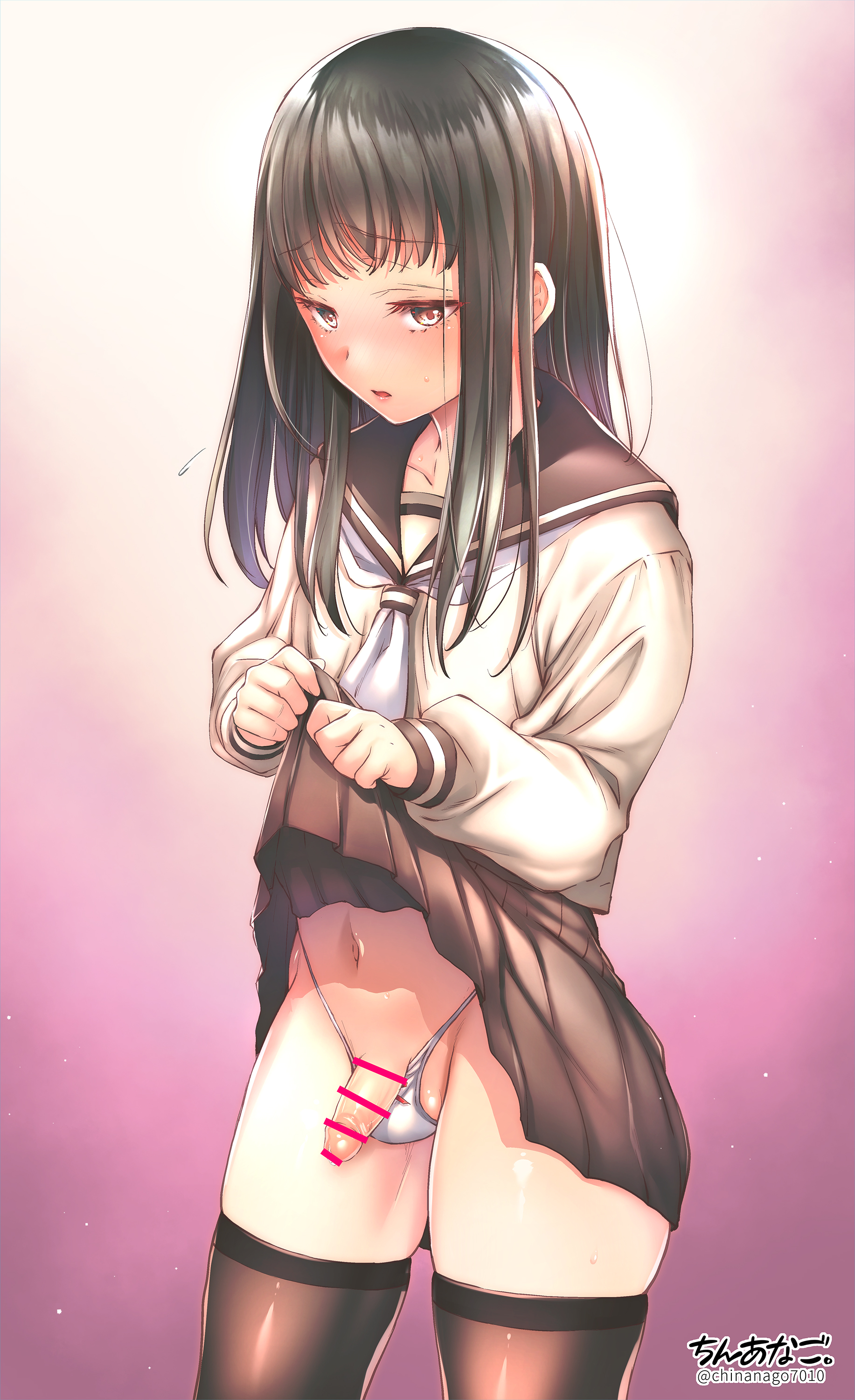 bar censor, blush, censored, chinanago7010, female, femboy, girly, male, otoko no ko, otokonoko, penis, school uniform, shy, skirt lift, tomgirl, trap, white panties
