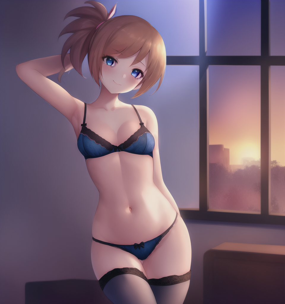 1girls ai_generated armpits arms_up blue_bra blue_eyes blue_panties blue_underwear female female_only ginger_hair hands_behind_head human indoors kasumi_(pokemon) looking_at_viewer misty_(pokemon) nai_diffusion pokemon pose side_ponytail sky small_breasts smile smooth_skin smug solo stable_diffusion standing sunset thighhighs thighs