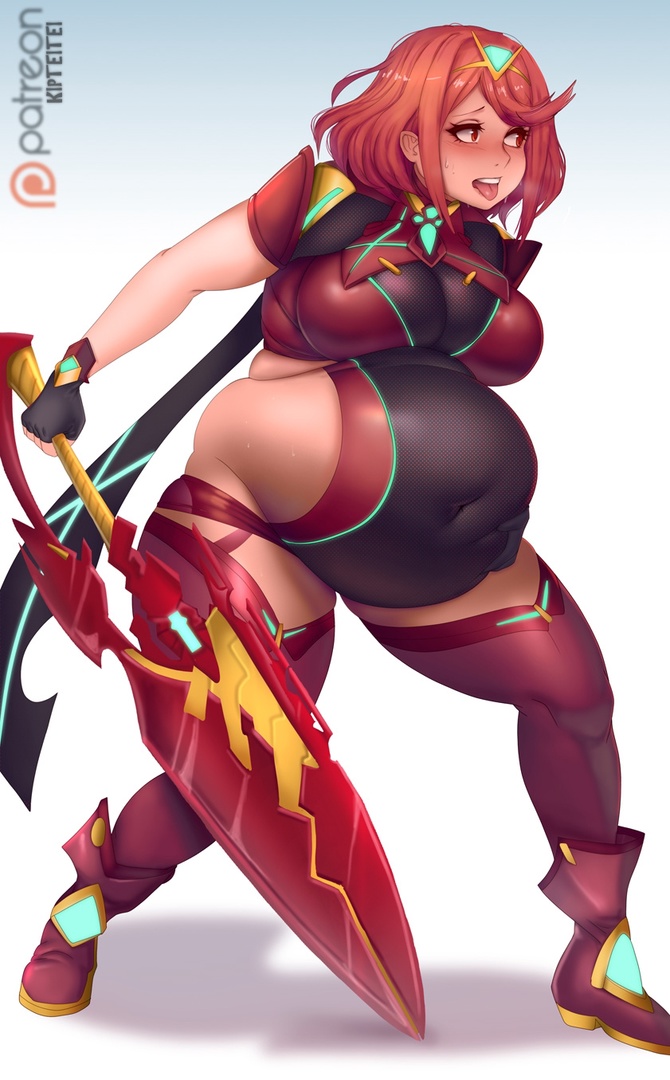 1girls, armor, ass, bbw, belly grab, belly overhang, big belly, big boobs, big breasts, big female, big tits, blush, blush lines, blushing, breasts, chub, chubby, chubby female, embarrassed, fat, fat ass, fat female, fat fetish, fatty, female, giantess, hand on belly, heavy breathing, human, human only, kipteitei, large female, mini giantess, obese, obese female, overweight, overweight female, plump, pork chop, pyra, solo, sweat, sweatdrop, sweating, sword, thick thighs, weight gain, xenoblade (series), xenoblade chronicles 2