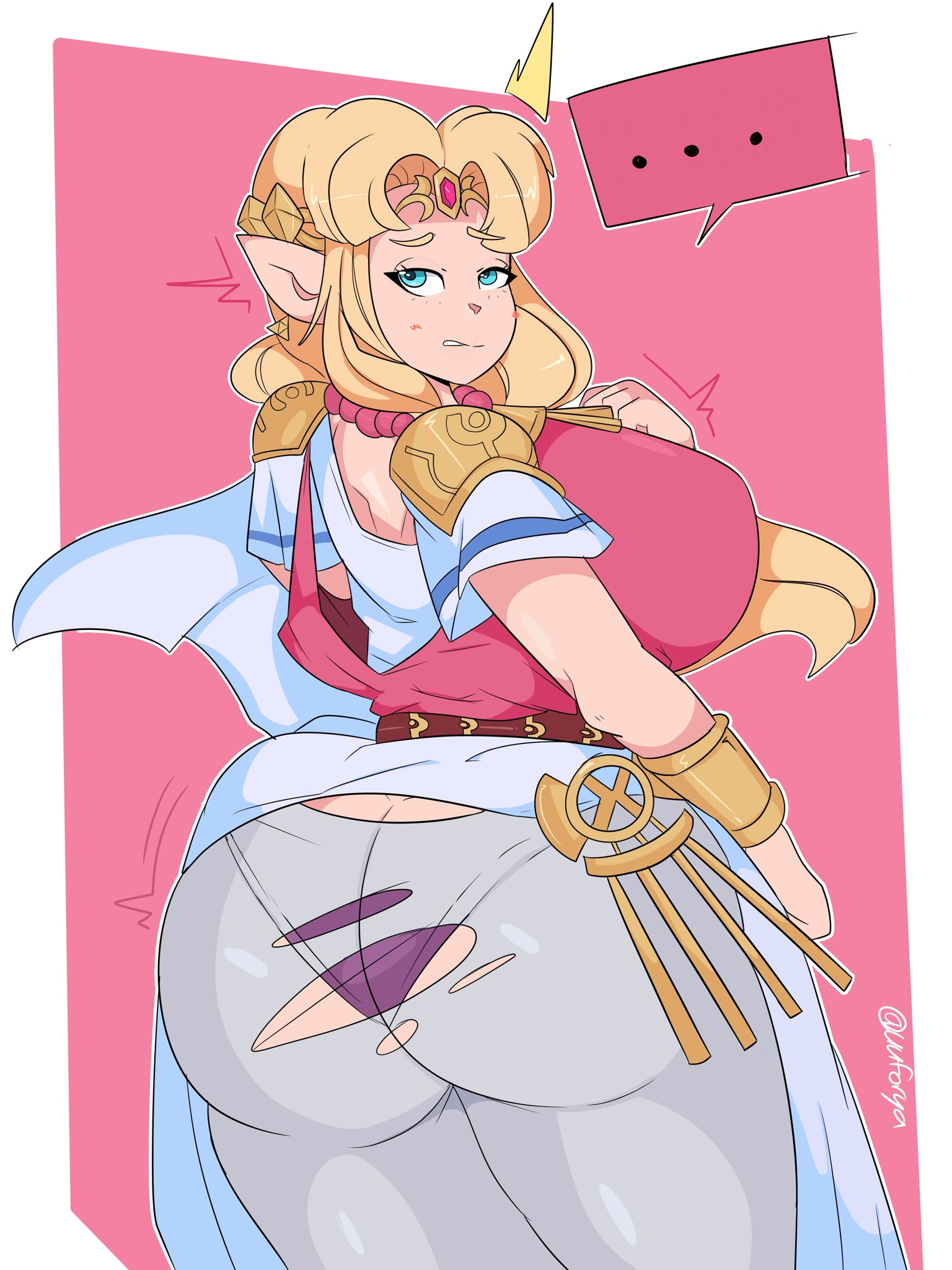 1girls, a link between worlds, absurd res, absurdres, alternate version available, artist name, artist signature, ass, ass cleavage, ass crack, ass focus, big ass, big breasts, big butt, blonde hair, blue eyes, blush, bottom heavy, bracelet, breasts, bubble ass, bubble butt, busty, butt crack, curvy, dress, edit, edited, fat ass, fat butt, female, female focus, female only, hi res, high resolution, highres, huge ass, huge breasts, huge butt, large ass, large breasts, large butt, light skin, light-skinned female, long ears, long hair, looking at viewer, looking back, nintendo, panties, pointy ears, princess zelda, purple panties, purple underwear, ripped clothing, ripped pants, sideboob, simple background, solo, solo female, solo focus, super smash bros., tagme, the legend of zelda, thick ass, thick thighs, thighs, torn clothes, torn clothing, torn legwear, twitter username, underwear, uuforya, voluptuous, wardrobe malfunction, wide hips, zelda (a link between worlds)