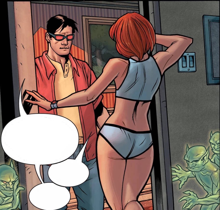 1boy 1girls ass cyclops_(x-men) female fully_clothed jean_grey lewd male marvel marvel_comics phoenix_(x-men) scott_summers serge_lapointe stephane_peru ultimate_jean_grey ultimate_x-men x-men yanick_paquette