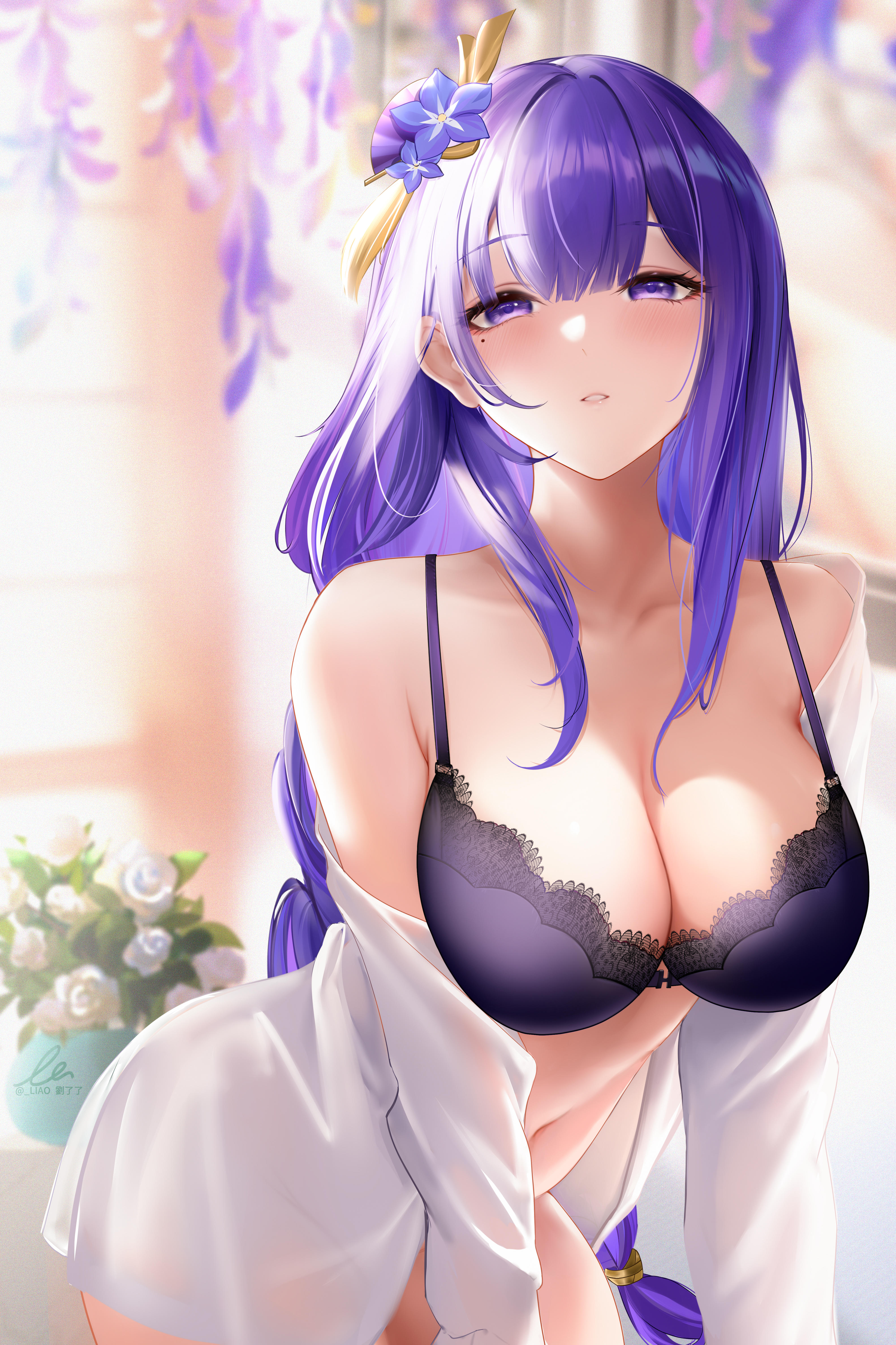 1girls, big breasts, bra, breasts, female, female only, genshin impact, hair ornament, hi res, highres, large breasts, liu liaoliao, long hair, looking at viewer, mole, mole under eye, purple eyes, purple hair, raiden shogun, solo, solo female, thick, voluptuous