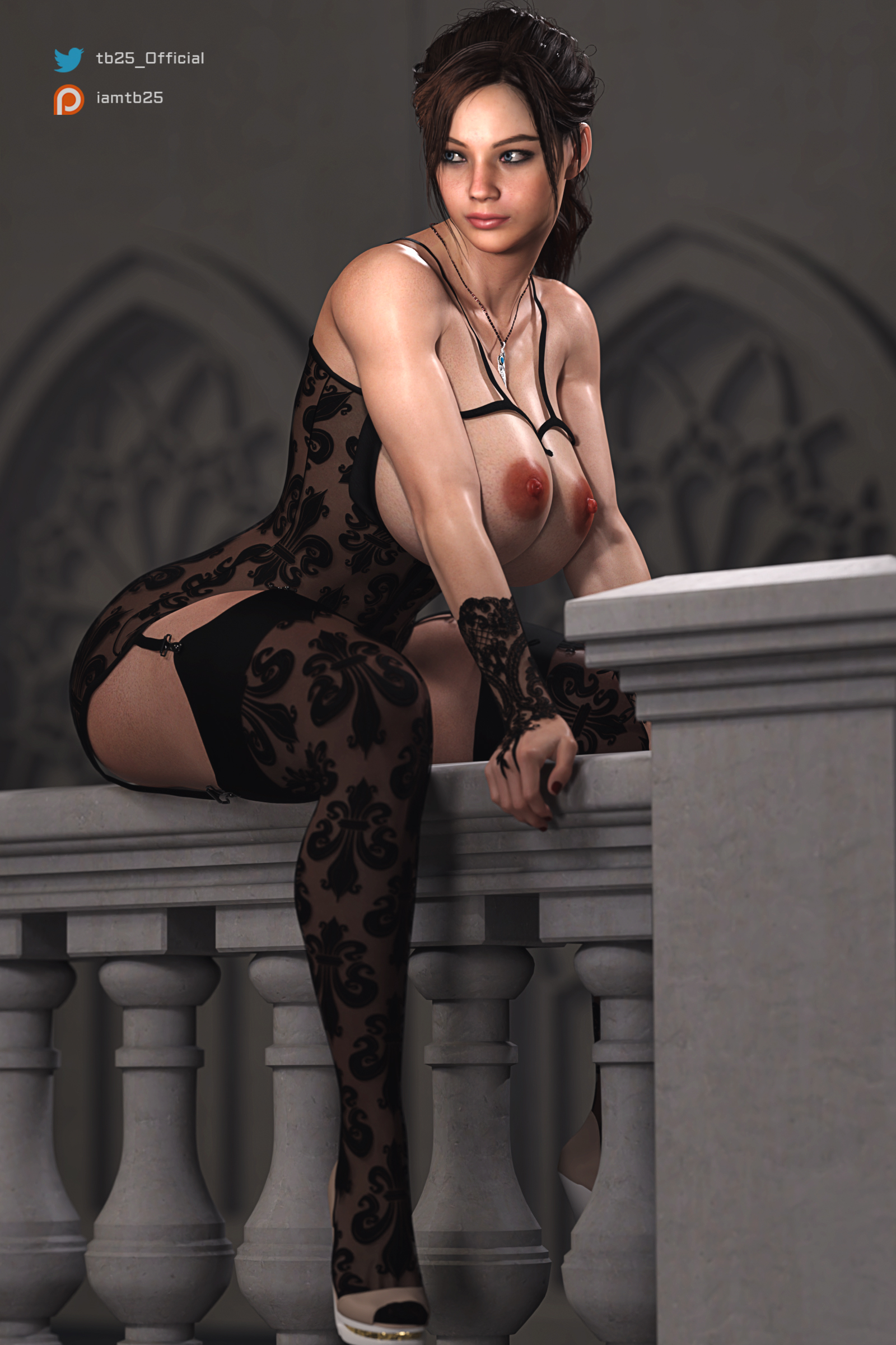 1girls, 3d, areolae, ass, big ass, big breasts, breasts, capcom, claire redfield, female, female only, garter straps, high heels, lingerie, nipples, patreon username, pussy, resident evil, resident evil 2, resident evil 2 remake, shaved pussy, solo, solo female, tagme, tb25, thick thighs, twitter username