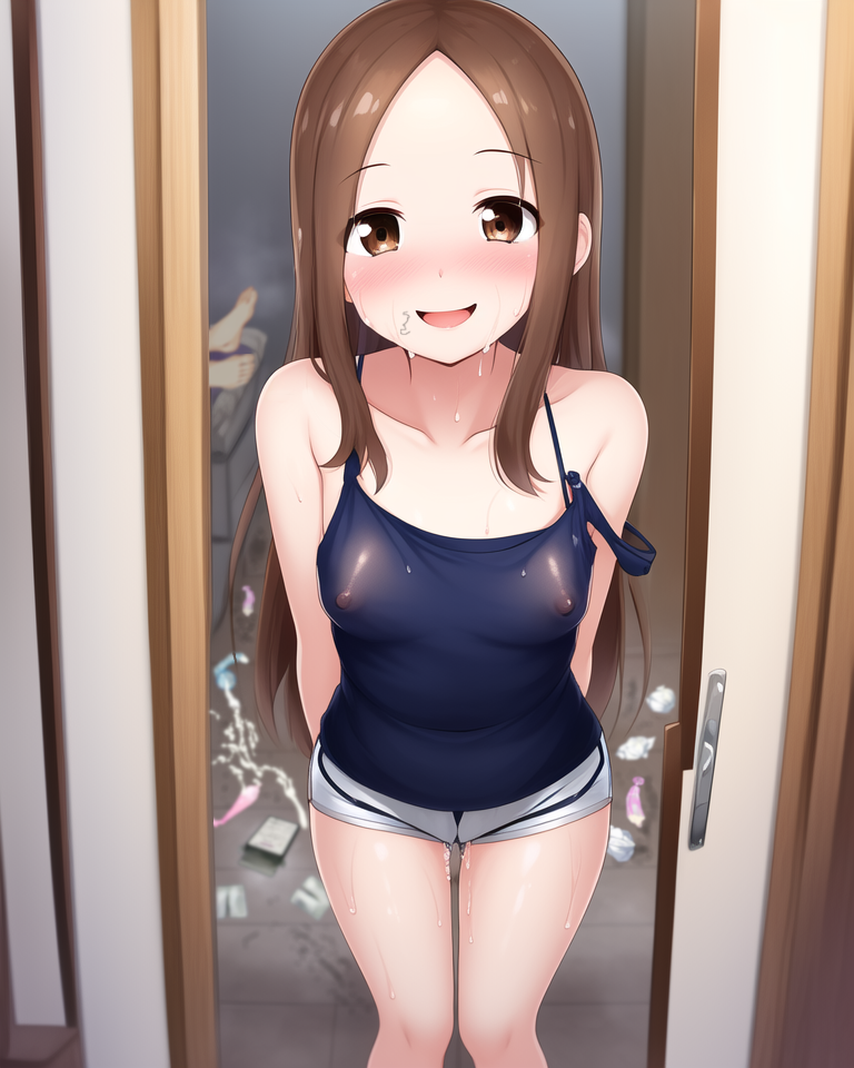 1girls after_oral ai_generated apartment blush brown_eyes brown_hair condom cuckold cuckold_pov cum cum_in_pussy erect_nipples feet implied_sex karakai_jouzu_no_takagi-san looking_at_viewer nai_diffusion shorts small_breasts smile stable_diffusion strap_slip stray_pubic_hair sweat takagi-san tank_top tissue used_condom