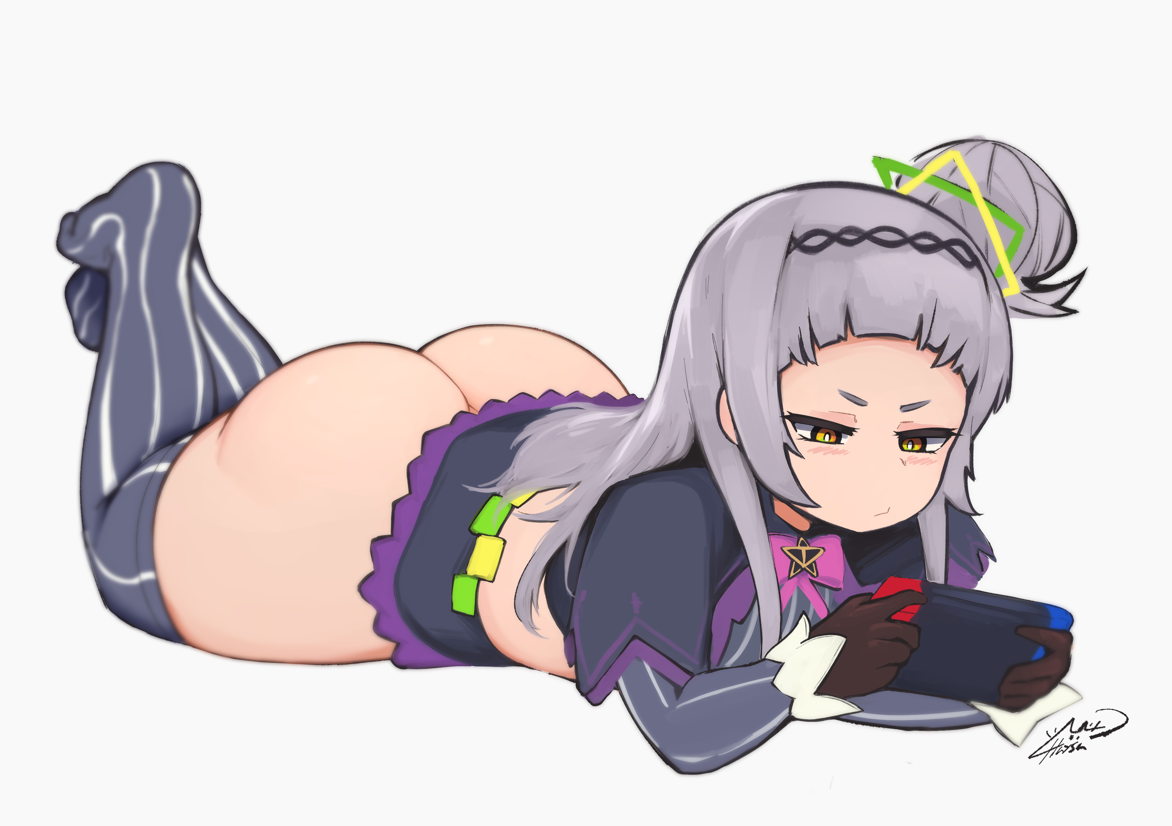 1girls, ass, big ass, big butt, fat ass, female, female only, gaming, gloves, grey hair, hair bun, half-closed eyes, hatsumiilkshake, hololive, hololive gen 2, hololive japan, legwear, light skin, light-skinned female, long hair, lying, lying on stomach, murasaki shion, shortstack, side bun, smaller female, solo, thick thighs, thighhighs, thighs, virtual youtuber
