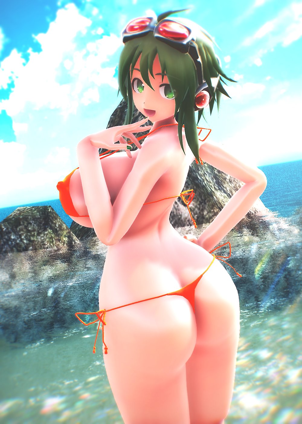 1girls 3d 3d_(artwork) ass beach big_ass big_breasts big_butt bikini blush chromatic_aberration eyebrows_visible_through_hair eyes_visible_through_hair female female_focus female_only goggles goggles_on_head green_eyes green_hair green_nails gumi huge_breasts light-skinned_female light_skin looking_at_viewer megpoid megpoid_gumi nail_polish nails nipples nipples_visible_through_clothing nude ocean open_mouth outside rock solo standing_in_water takesui vocaloid