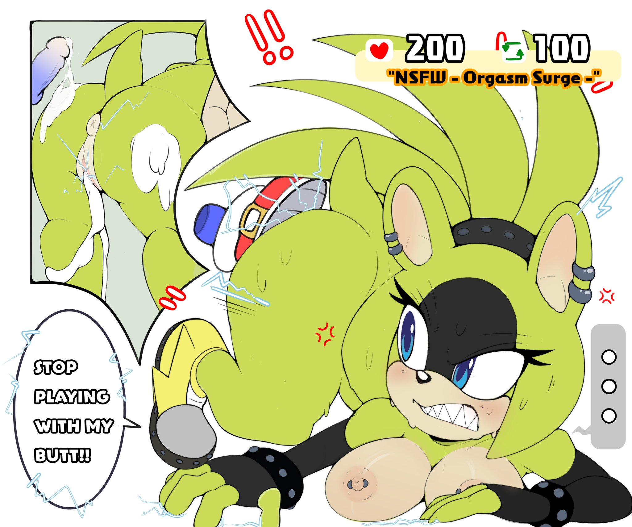 1boy, 1girls, angry, angry face, ass, big ass, blue eyes, breasts, cum, cum in pussy, cum inside, cum on ass, enemies having sex, english text, female, green body, green hair, green skin, idw comics, idw publishing, male, male/female, mobian (species), nipples, punk, pussy, sega, sex, sharp teeth, smokyr00t, sonic (series), sonic the hedgehog, sonic the hedgehog (comics), sonic the hedgehog (idw), sonic the hedgehog (series), surge the tenrec, sweat, sweatdrop, tenrec, text