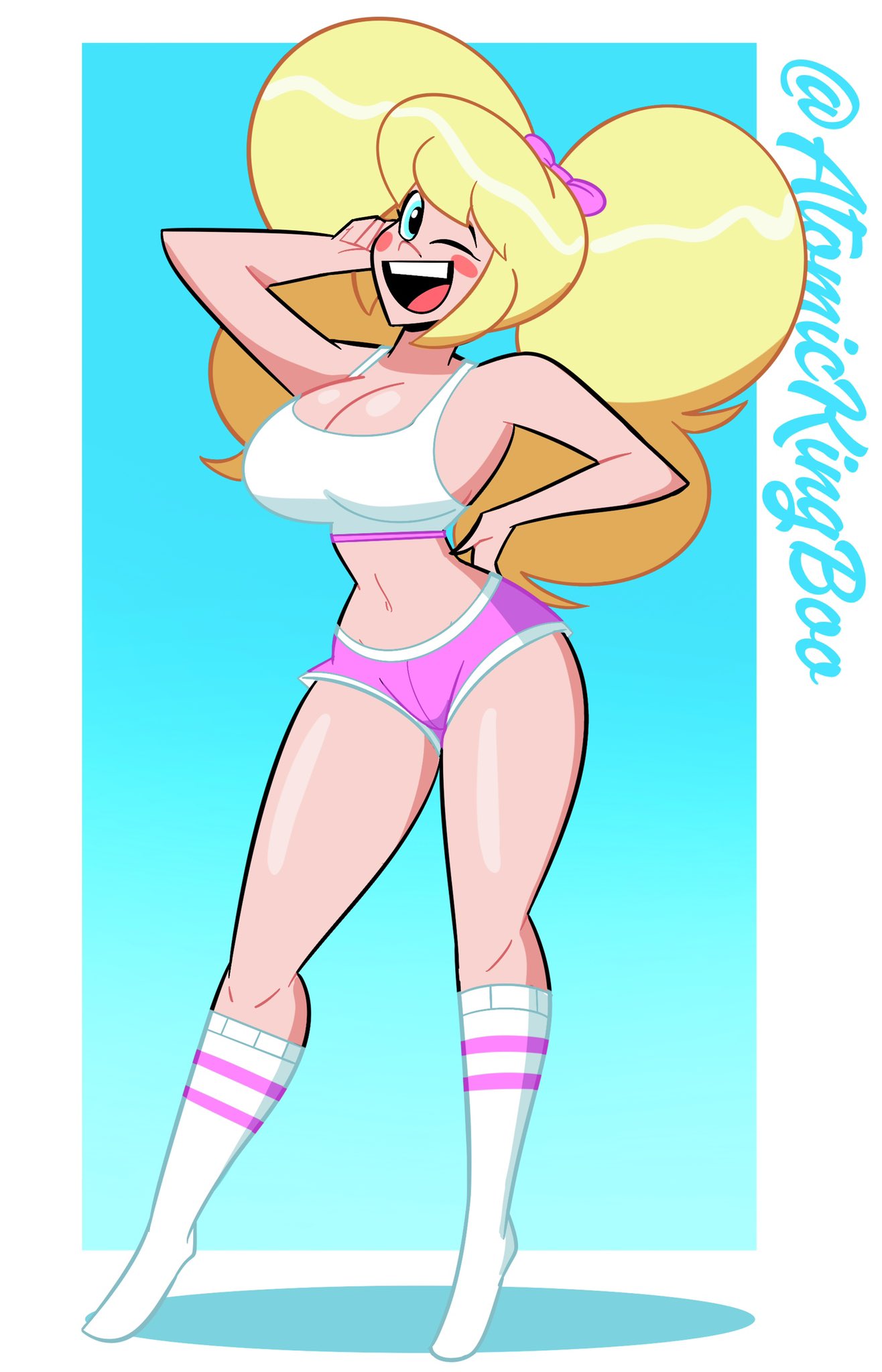 1girls, artist name, ass, atomickingboo, big breasts, big hair, breasts, bubble ass, bubble butt, busty, cleavage, clothing, eyebrows, eyelashes, eyes, female, hair, hips, hourglass figure, large breasts, large hair, legs, light skin, light-skinned female, lips, oc, original, original character, shorts, tank top, the besties (atomickingboo), thick, thick legs, thick thighs, thighs, voluptuous, watermark, wendy wendy, wide hips