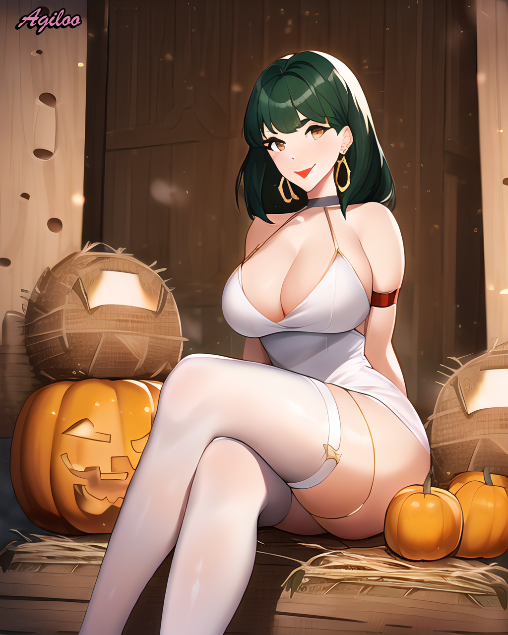 agiloo ai_generated arm_band choker crossed_legs dress earrings female green_hair halloween latex latex_dress latex_stockings latex_suit latex_thighhighs legs_crossed pumpkin red_lipstick stockings thick_thighs