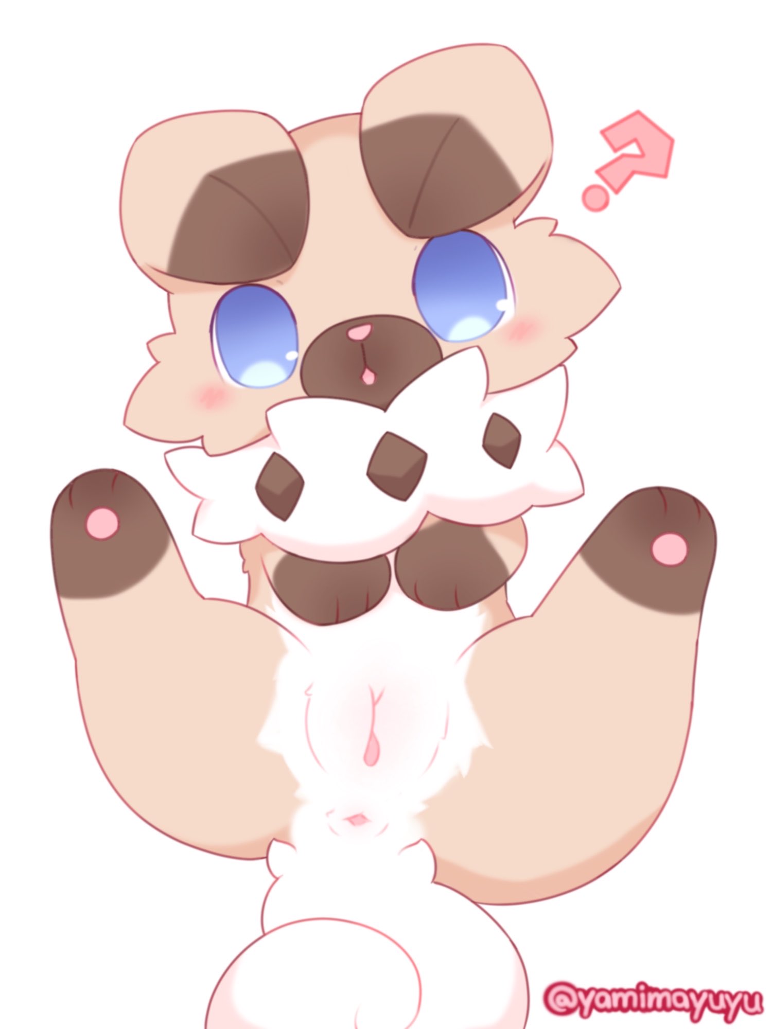 anus, blue eyes, blush, brown body, brown fur, canid, canine, canis, digital drawing (artwork), digital media (artwork), domestic dog, female, feral, fluffy, fluffy tail, fur, fur collar, generation 7 pokemon, genitals, hi res, mammal, nakimayo, nintendo, paws, pink nose, pink pussy, pokemon, pokemon (species), pussy, question mark, rockruff, simple background, solo, spread legs, spreading, video games, white body, white fur