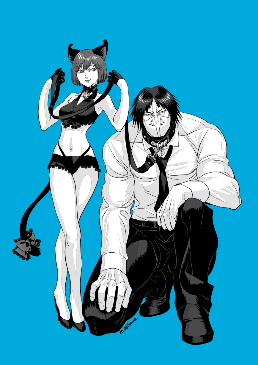 1boy 1girls bell_collar blue_background bob_cut cat_ears cat_tail catgirl choker collar female femdom full_body fully_clothed gloves harisaki high_heels kengan_(series) kengan_ashura kneeling kushida_rin larger_male leash lingerie looking_at_another looking_at_viewer male malesub mask mouth_mask petplay short_hair size_difference small_dom_big_sub smaller_female smile standing takayama_minoru