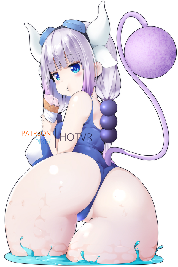 1girls, aged up, ass, ass focus, big ass, big breasts, big butt, breasts, eating, female, horns, hotvr, huge breasts, ice cream, kanna kamui, large penis, male, miss kobayashi's dragon maid, partially submerged, partially visible vulva, penis, pussy, shortstack, solo, swimsuit, thick ass, thick thighs, water