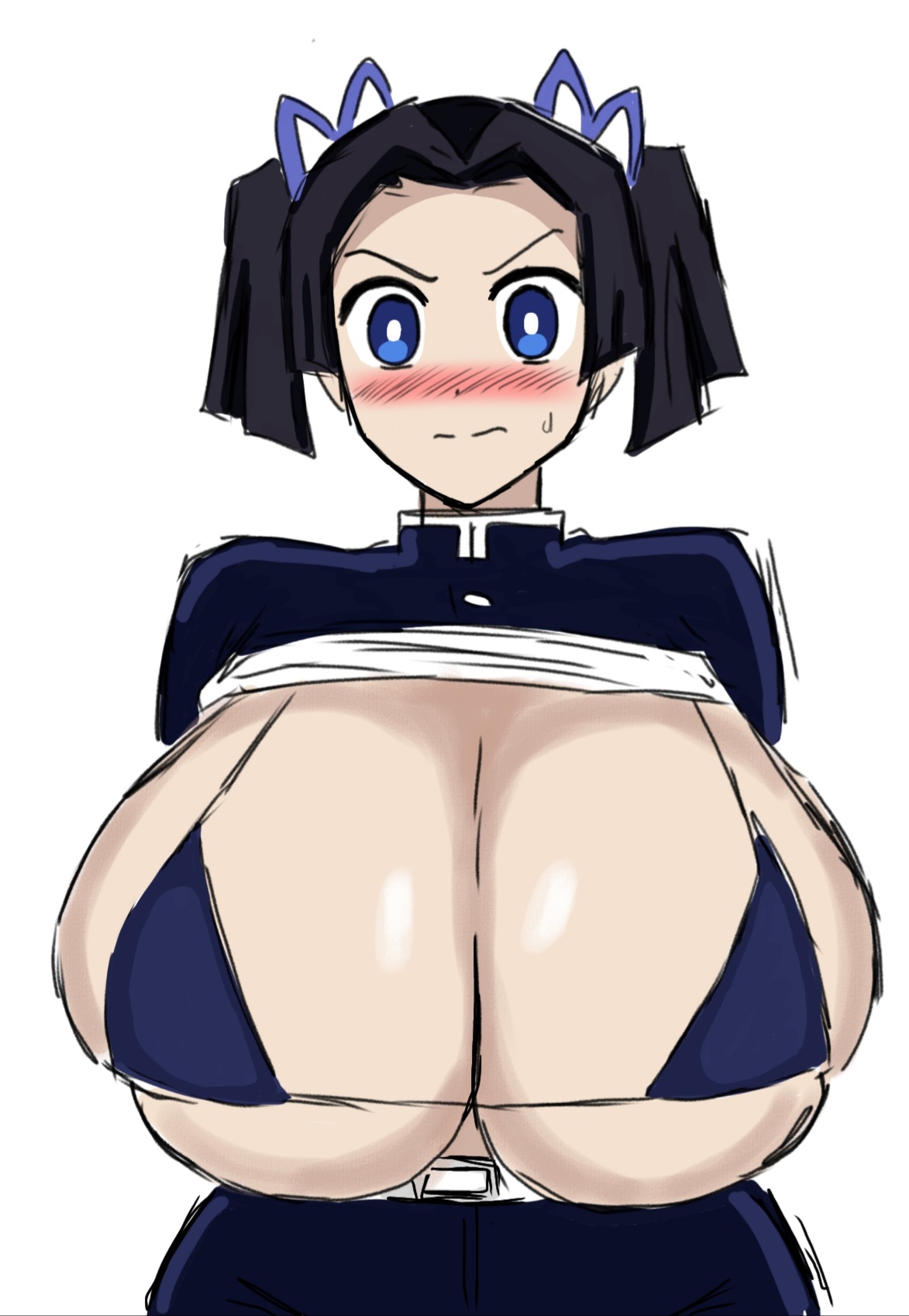 big breasts, bikini, black hair, blue eyes, blush, breasts, cleavage, demon slayer, embarrassed, enormous breasts, female, female only, huge breasts, kanzaki aoi (kimetsu no yaiba), kimetsu no yaiba, looking at viewer, micro bikini, momiji (artist), shirt up, solo, twintails