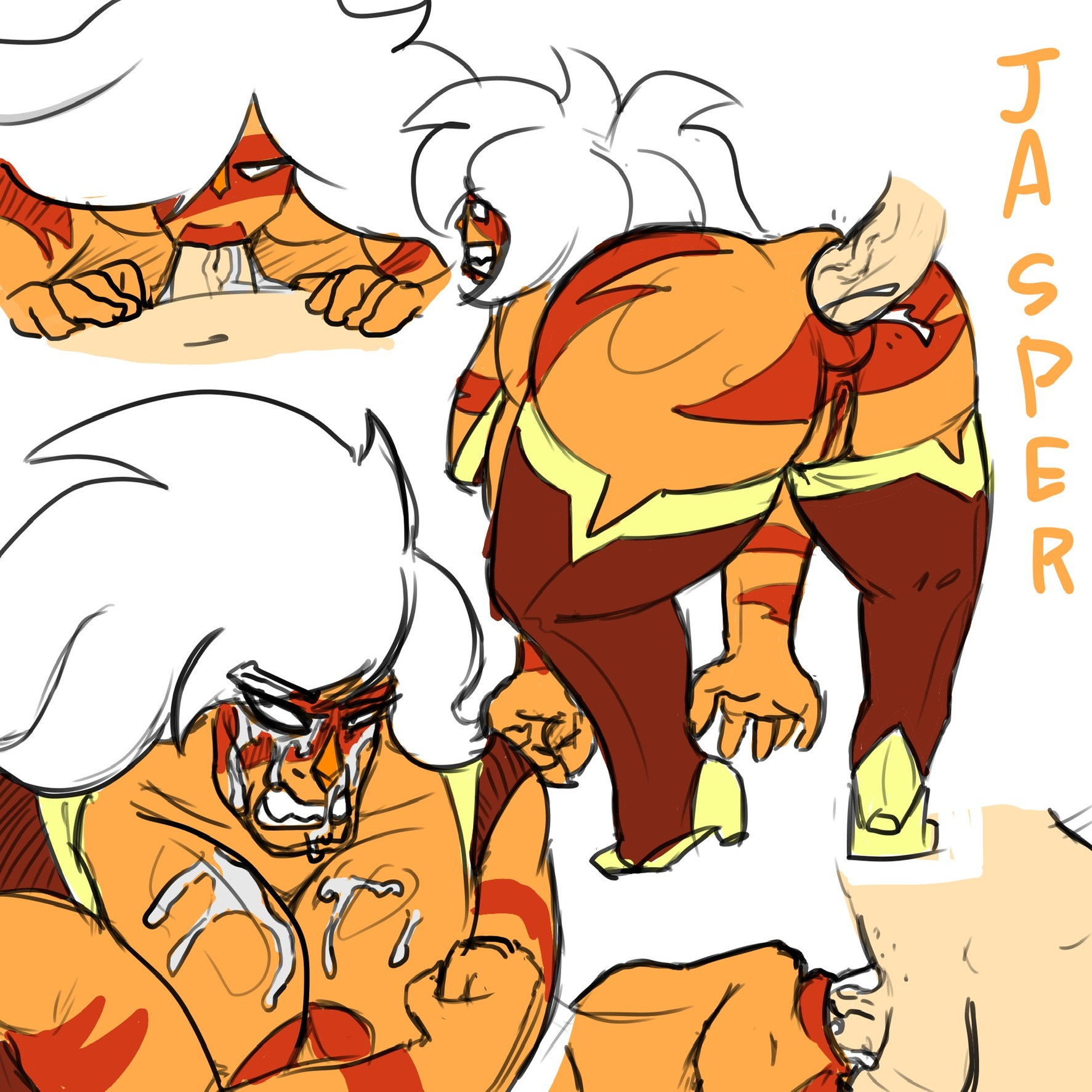 :>=, anal, anal sex, angry, annoyed, ass, breasts, clenched teeth, cum, cum in ass, cum in mouth, cum inside, cum on body, cum on breasts, cum on face, dubious consent, fellatio, female, gem (species), jasper (steven universe), leggings, legwear, oral, orange body, orange skin, putricia, steven universe, thighhighs, throat bulge, throat fuck, throat swabbing, white hair