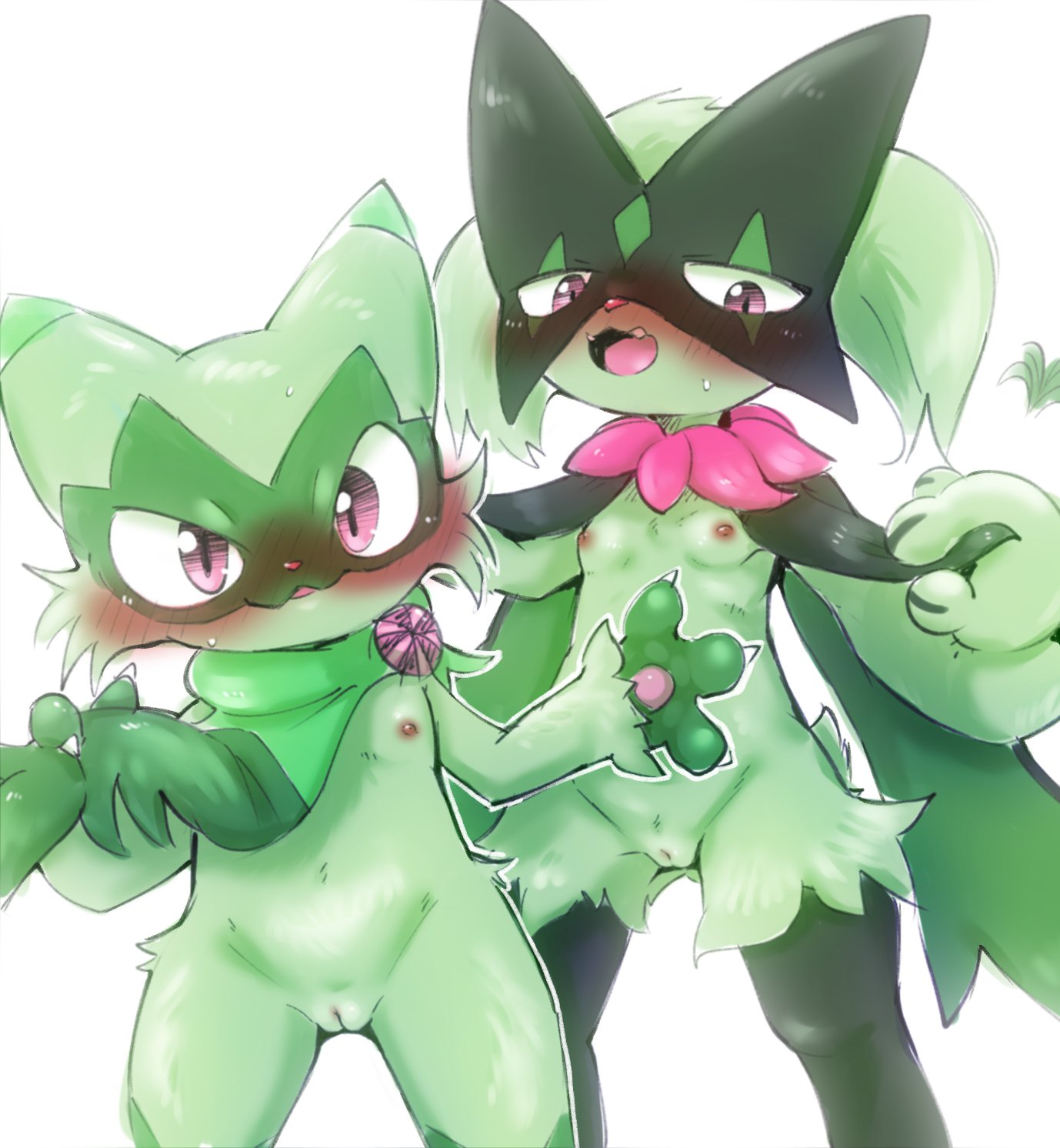 anthro blush doneru duo female female_pokemon flat_chested floragato generation_9_pokemon genitals green_body hi_res innie_pussy meowscarada nintendo nipples pokémon_(species) pokemon pokemon_(species) pokemon_sv pussy video_games