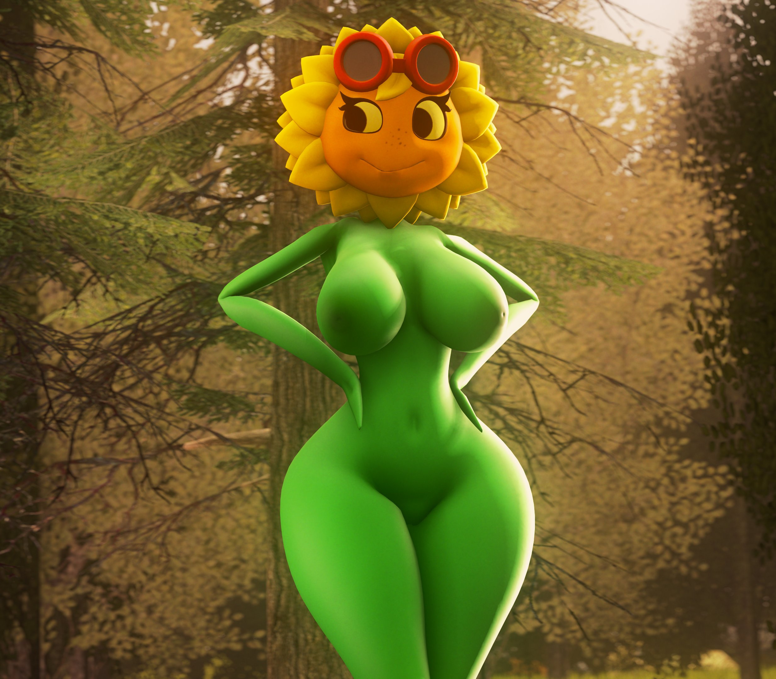 3d, 3d (artwork), female, green body, green nipples, plantie, plants vs zombies, solar flare (pvz), tagme, whiteweasel