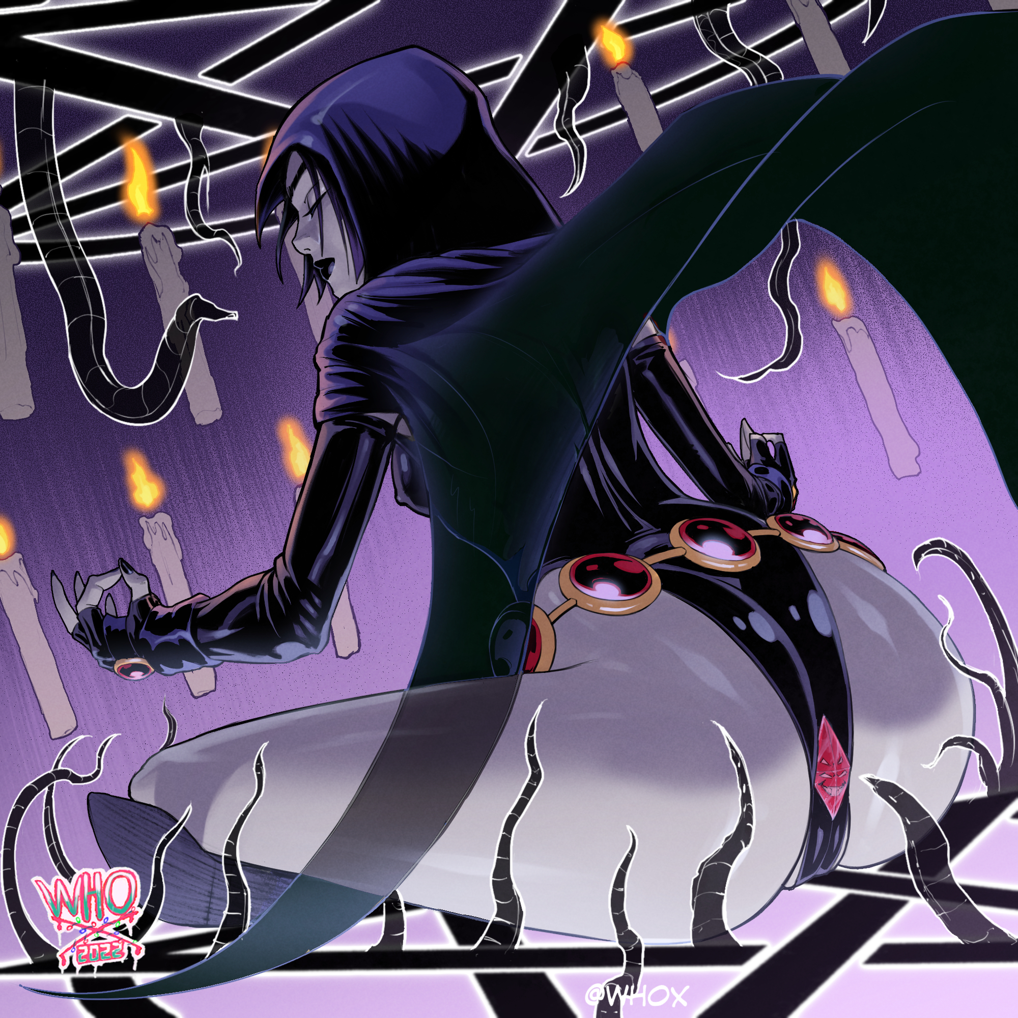 1girls, ass, belt, cloak, dc, dc comics, female, leotard, magic, pale skin, purple hair, rachel roth, raven (dc), summoning, teen titans, tentacle, whox