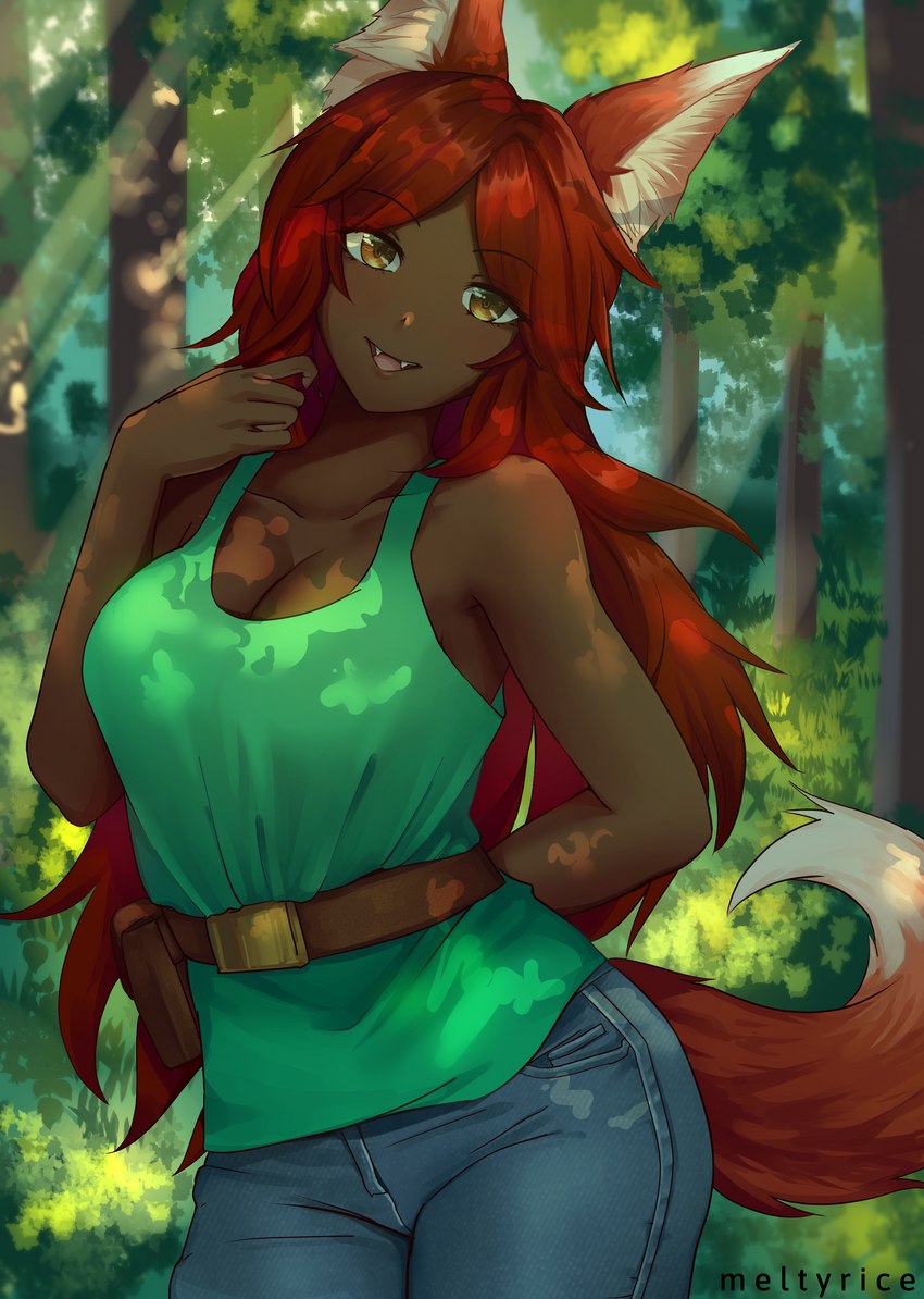 animal ears, animal tail, breasts, brown eyes, clothed, clothing, dark skin, dark-skinned female, denim, fangs, female, forest, fox ears, fox girl, fox tail, ginger hair, jeans, large breasts, looking at viewer, meltyrice (artist), smile, terraria, zoologist (terraria)