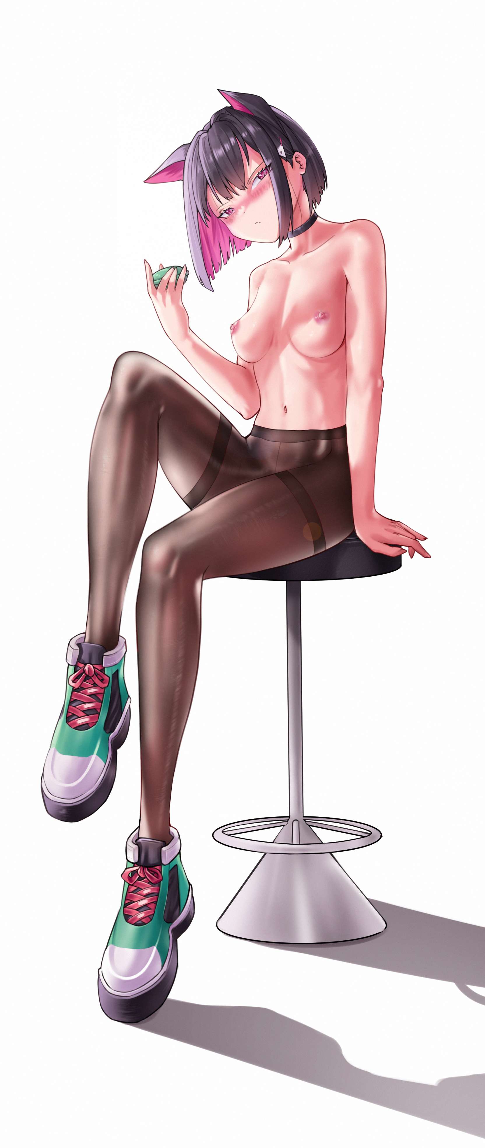 after-school sweets club (blue archive), blue archive, cat ears, feet, female, kazusa (blue archive), pantyhose, smaller female, trinity general school student, two-tone hair, waligner, younger female