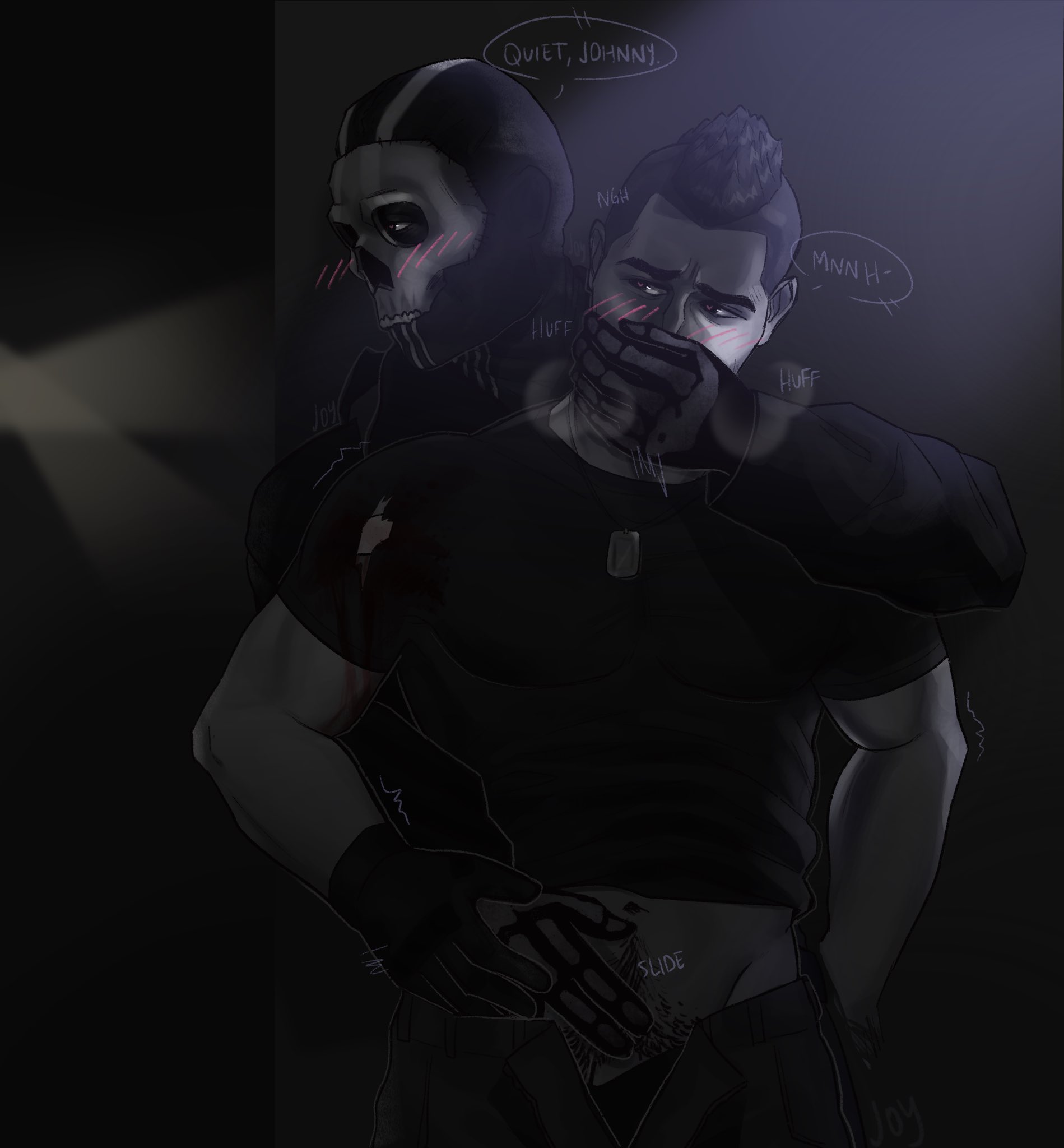 artist request, blush lines, call of duty, call of duty modern warfare 2 (2022), covering another's mouth, covering mouth, gagged, ghost (modern warfare 2), hand gagged, hand over another's mouth, hand over mouth, handgag, handjob, hiding, john mactavish, male, male only, muffled moaning, simon riley, soap (modern warfare 2)