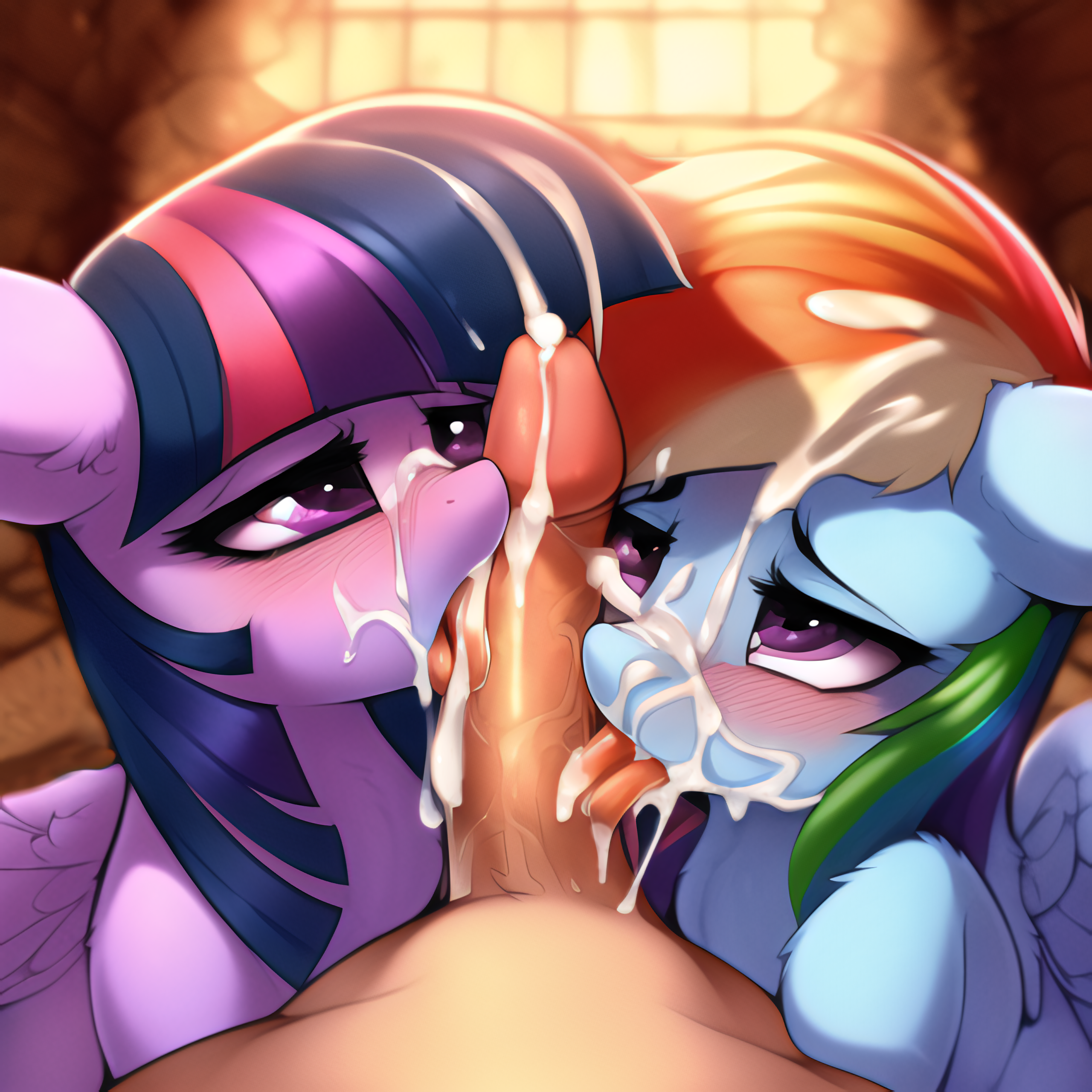 1boy, 2girls, ai generated, alicorn, blowjob, blue body, blush, bodily fluids, collaborative fellatio, cum, cum in mouth, cum inside, cum on face, cum on hair, cutie mark, equid, equine, feathered wings, feathers, fellatio, fellatio from feral, female, female focus, friendship is magic, furry, genital fluids, genitals, hasbro, horn, horse, human, human on feral, humanoid genitalia, interspecies, looking at viewer, male, male on female, male on feral, mammal, my little pony, nai diffusion, offscreen character, offscreen male, open mouth, penis, pony, pov, purple body, purple eyes, rainbow dash (mlp), semi-anthro, stable diffusion, straight, twilight sparkle (mlp), vein, veiny penis, wings