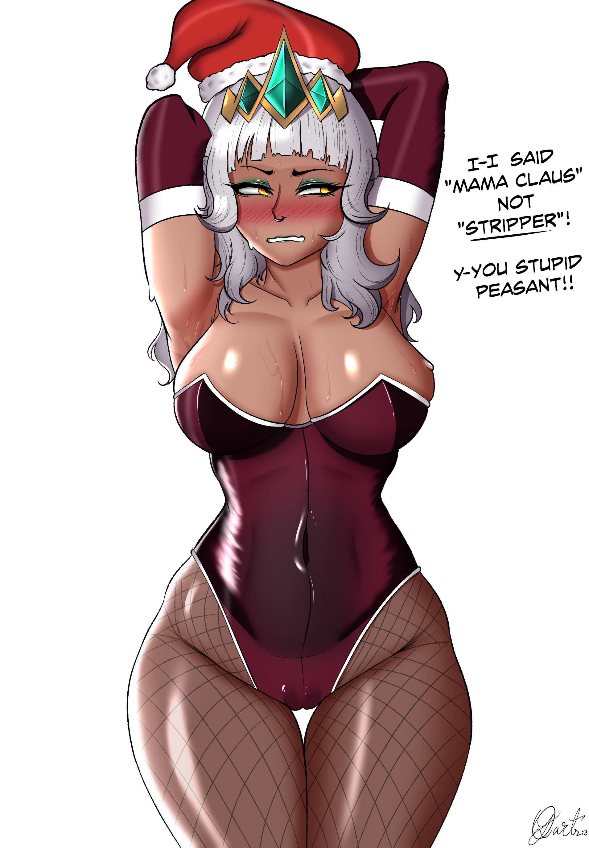 1girls, angry, armpits, blush, breasts, christmas, christmas outfit, cleavage, corset, dark skin, dark-skinned female, embarrassed, female, female focus, large breasts, latex suit, league of legends, qiyana yunalai, qiyarts, riot games, santa hat, solo female, strip game, sweat, sweatdrop, thick thighs, thighs