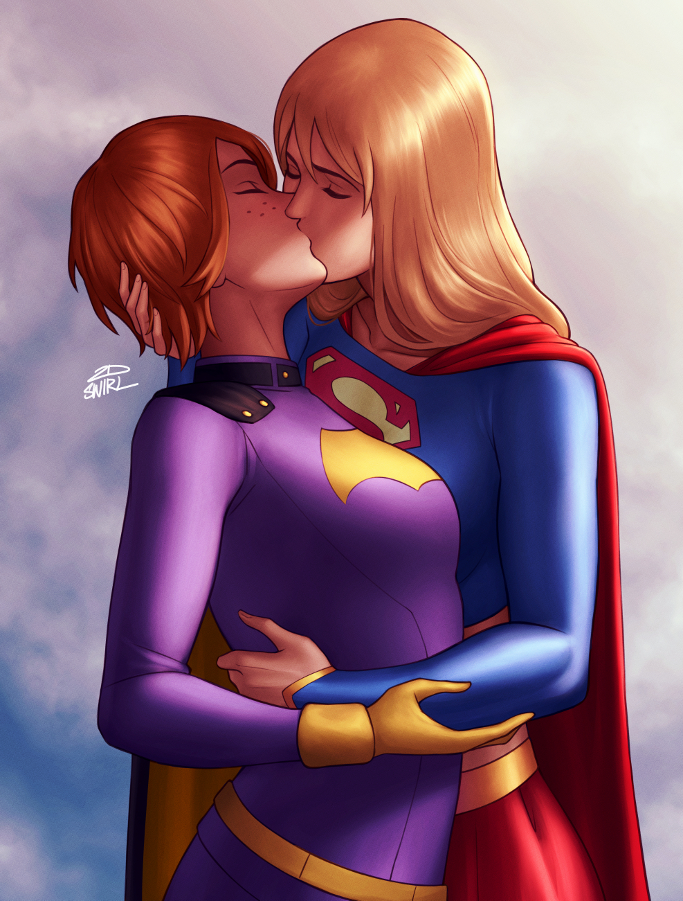 2dnsfw 2dswirl 2girls barbara_gordon batgirl blonde_hair cape dc dc_comics female female/female female_only freckles gloves kara_zor-el kissing kryptonian lesbian_kiss light-skinned_female red_hair straight_hair supergirl superheroine yuri