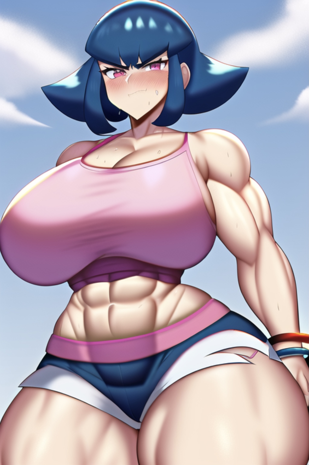 1girls abs absurd_res absurdres ai_generated athletic athletic_female bare_arms bare_legs bare_midriff bare_shoulders bare_thighs biceps blue_hair blush bracelet bracelets breasts broad_shoulders camisole cleavage collarbone crop_top fit fit_female game_freak gigantic_breasts huge_breasts large_breasts looking_at_viewer massive_breasts midriff midriff_baring_shirt muscle muscles muscular muscular_arms muscular_female muscular_legs muscular_thighs nintendo pink_camisole pink_crop_top pink_tank_top pixai pokemon pokemon_hgss red_eyes sabrina_(pokemon) sabrina_(pokemon_hgss) short_shorts shorts sideboob spaghetti_strap stable_diffusion sweat sweatdrop sweating sweaty tagme tank_top thick_arms thick_thighs thighs toned toned_body toned_female voluptuous voluptuous_female wide_hips