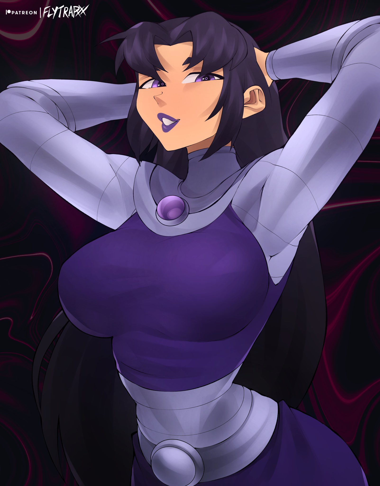 1girls, 2022, 2d, armpits, arms up pose, black hair, blackfire, breasts, cartoon network, clothed female, curvy, dc, dc comics, female, female only, flytrapxx, fully clothed, hands behind head, komand'r, lipstick, long hair, looking at viewer, purple eyes, purple lipstick, smiling at viewer, solo, tan skin, tan-skinned female, teen titans
