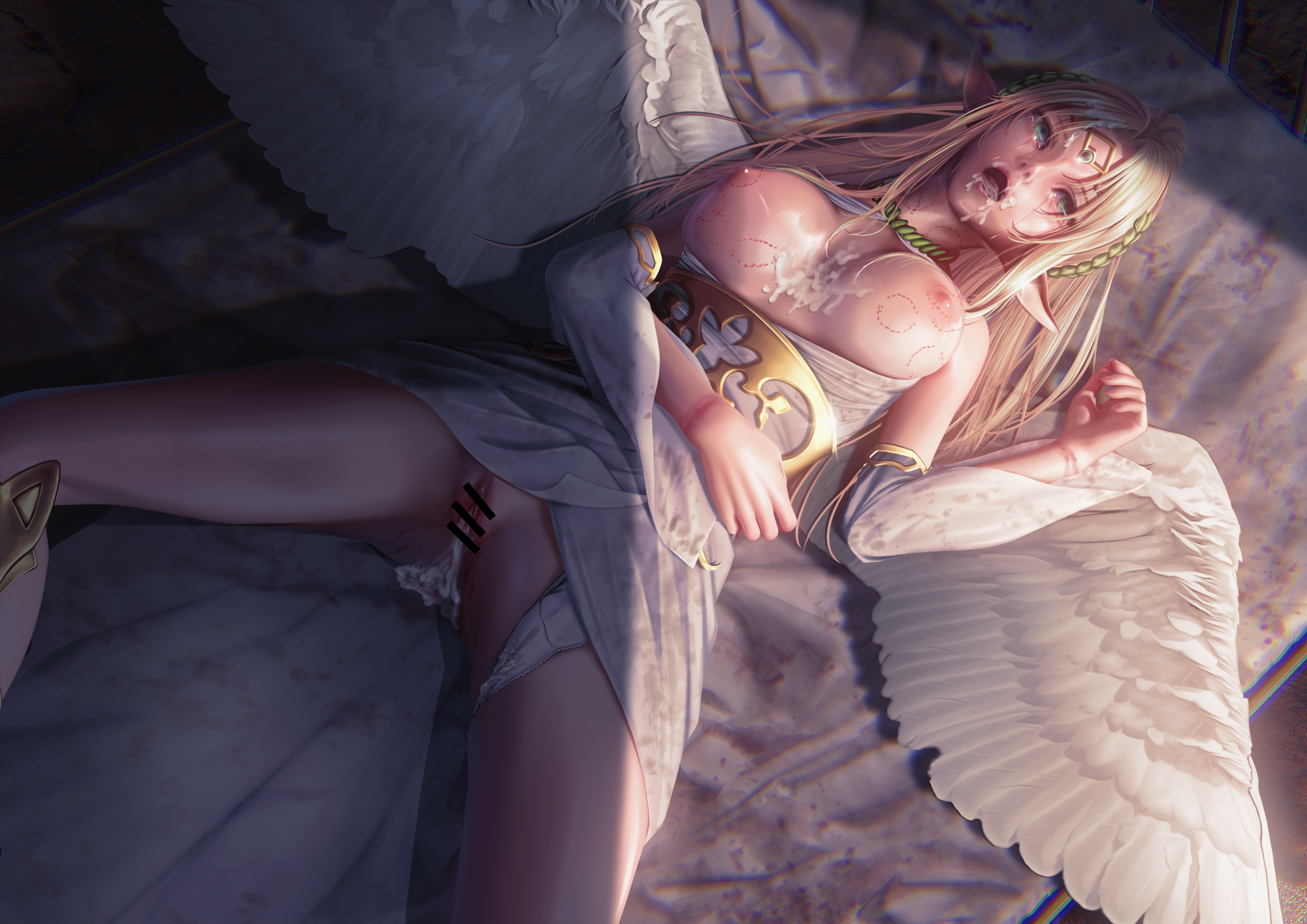 after rape, after sex, after vaginal, angel, angel wings, bed, bite mark, blonde hair, blood, breasts, broken rape victim, censor bar, cum, cum in mouth, cum in pussy, cum inside, cum on body, cum on breasts, cum on face, defloration, deflowered, empty eyes, female, female virgin, fucked senseless, fucked silly, green eyes, original character, pussy, rape, rin ohiro, rin4ohiro, rope marks, source request, spread legs, tears, unconscious, vaginal blood, virgin, virginal blood