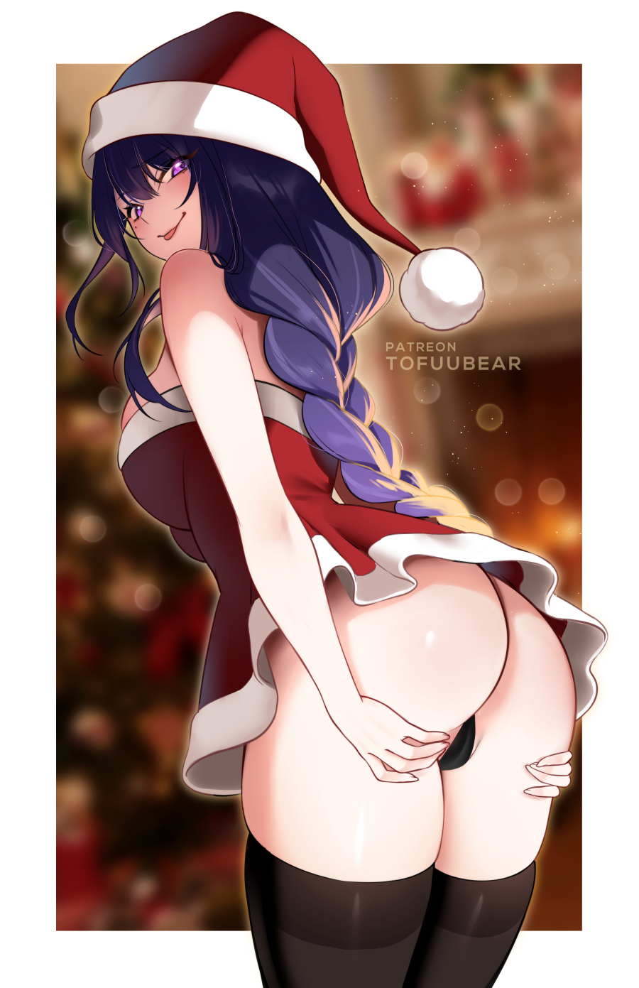 1girls ass big_ass big_butt braid butt christmas christmas_outfit female female_only genshin_impact light-skinned_female light_skin long_hair looking_at_viewer looking_back mole mole_under_eye panties purple_eyes purple_hair raiden_shogun skindentation solo sticking_out_tongue thick_ass thick_thighs thighhighs tofuubear tongue tongue_out upskirt