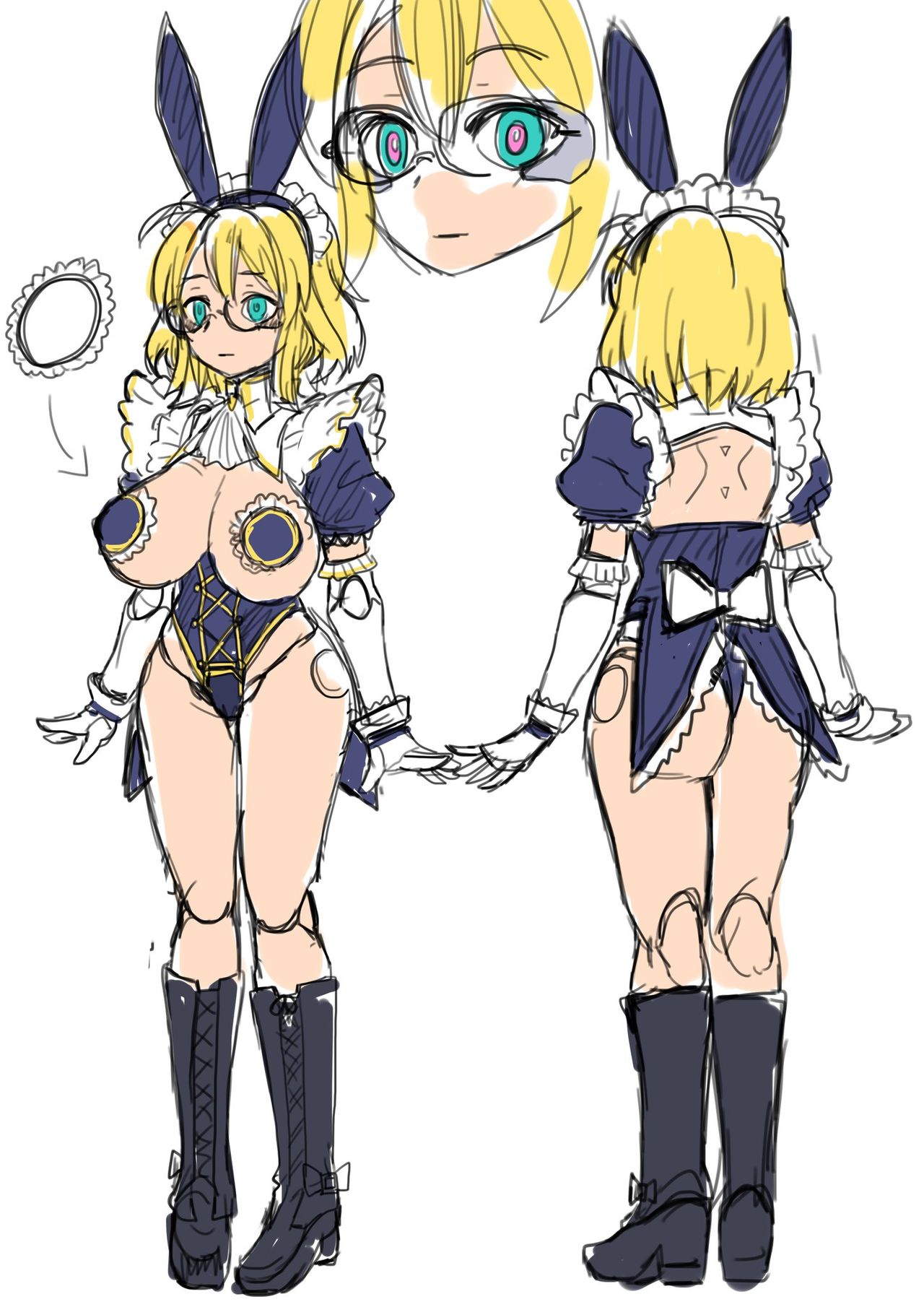 581_(gohai) big_breasts blonde_hair blue_eyes breasts_out bunny_ears cyborg doll_joints emotionless expressionless fake_animal_ears maid_headdress maid_uniform multicolored_eyes pasties sketch standing tagme thighhigh_boots