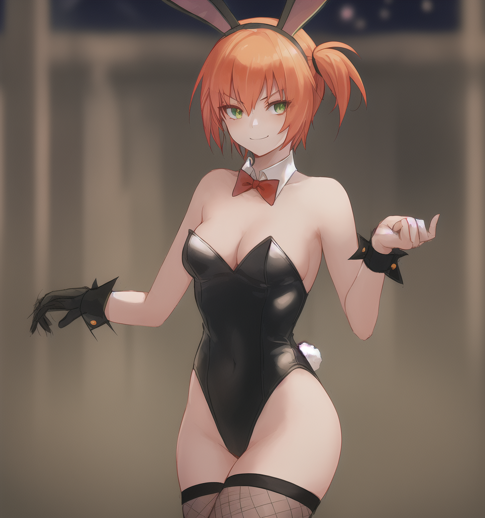 1girls, ai generated, alternate breast size, alternate outfit, ass, blue eyes, blush, breasts, bunny costume, bunny ears, bunny girl, bunnysuit, cleavage, clothed, clothes, eye contact, female, female only, human, kasumi (pokemon), latex, leotard, looking at viewer, medium breasts, nai diffusion, nintendo, orange hair, pokemon, pokemon rgby, pose, short hair, side ponytail, solo, stable diffusion, thighhighs, thighs, wide hips