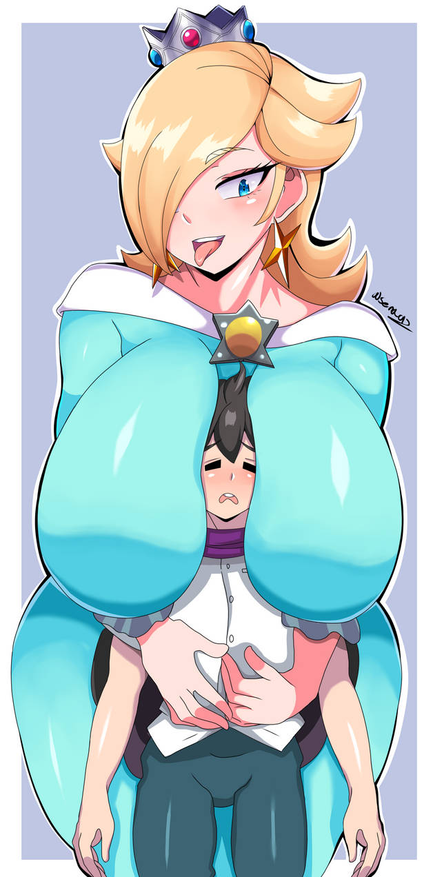 1boy 1girls blue_background boobs_on_head breasts breasts_on_head female huge_breasts male mario_(series) nintendo princess_rosalina sagging_breasts senak012 simple_background standing tongue_out unhappy_male voluptuous white_border