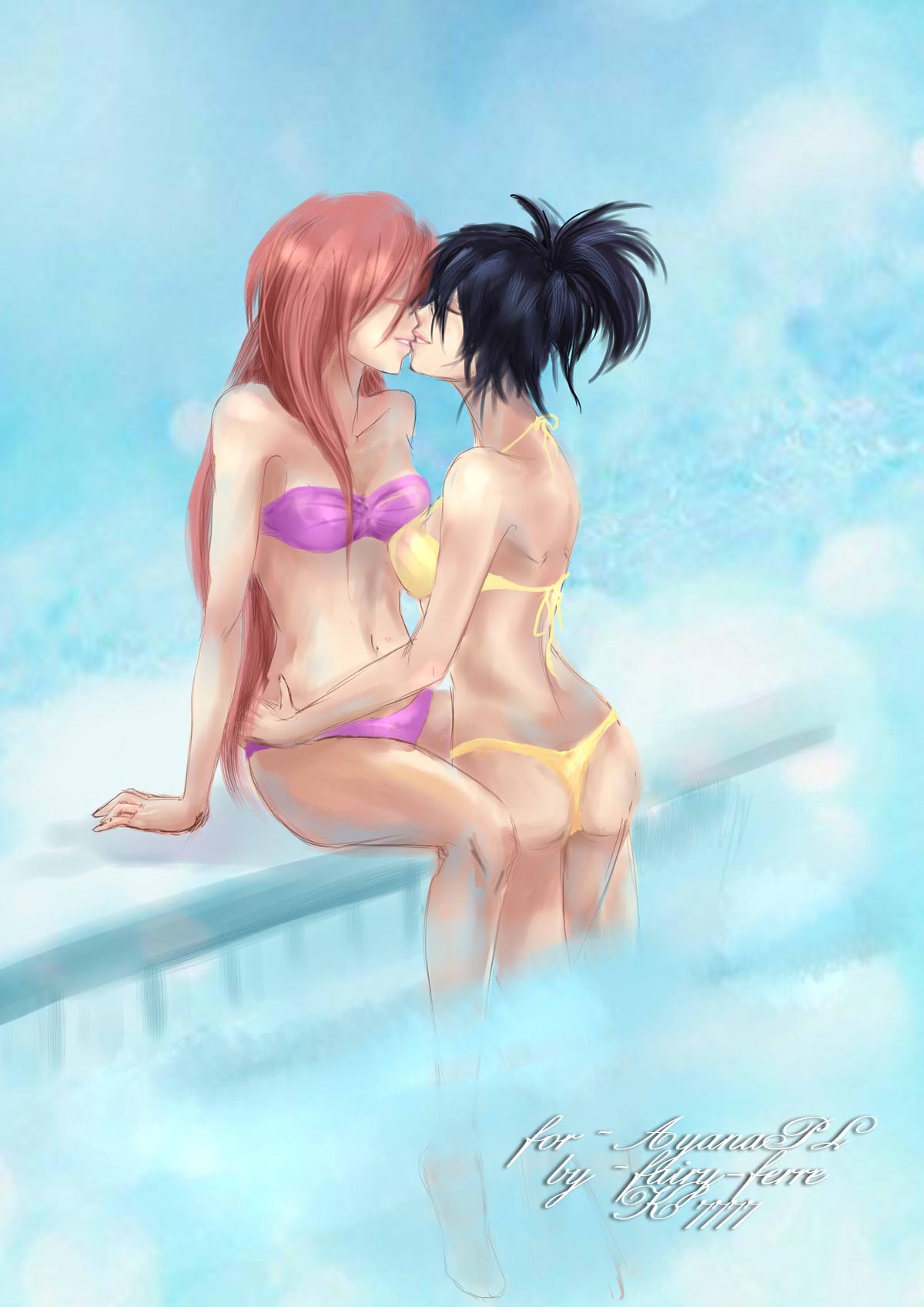 2girls adult age_difference ass bare_legs bare_shoulders barefoot bikini closed_eyes fairy_ferre female/female imminent_kiss long_hair mitarashi_anko multiple_girls naruto naruto_(classic) naruto_(series) naruto_shippuden older_female ponytail pool poolside purple_hair red_hair sitting small_breasts standing swimsuit tayuya teenager tied_hair younger_female yuri