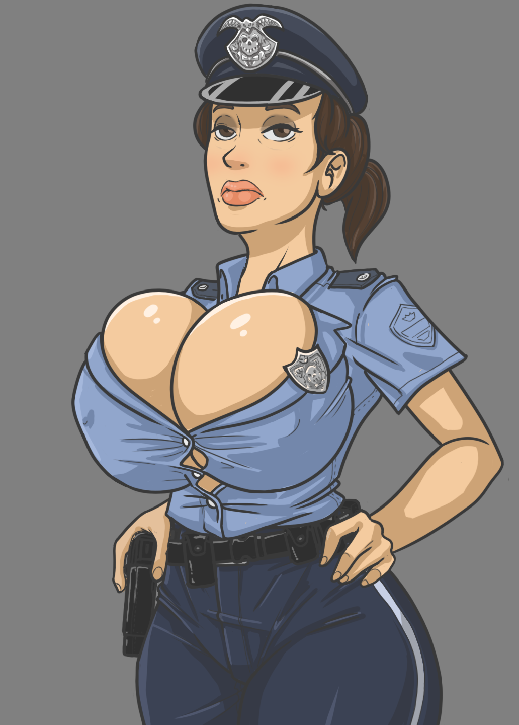 1girls bones_tales_the_manor breasts brown_eyes brown_hair busty character_request cleavage cleavage_overflow curvy curvy_female curvy_milf dr_bones_(artist) female_focus female_only high_resolution huge_breasts human lips milf officer_jules_(bones_tales) policewoman solo solo_female solo_focus uniform voluptuous voluptuous_female