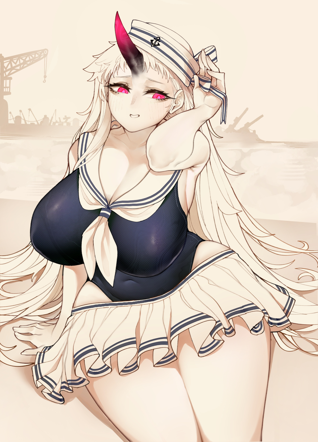 abyssal_ship blue_one-piece_swimsuit blush breasts cleavage collarbone covered_navel female grin hand_in_own_hair hat highres horns huge_breasts kantai_collection long_hair looking_at_viewer miniskirt one-piece_swimsuit pale_skin pink_eyes sailor_collar sailor_hat seaport_hime single_horn sitting skirt smile solo swimsuit uni_(oni_unicorn) white_hair wide_hips