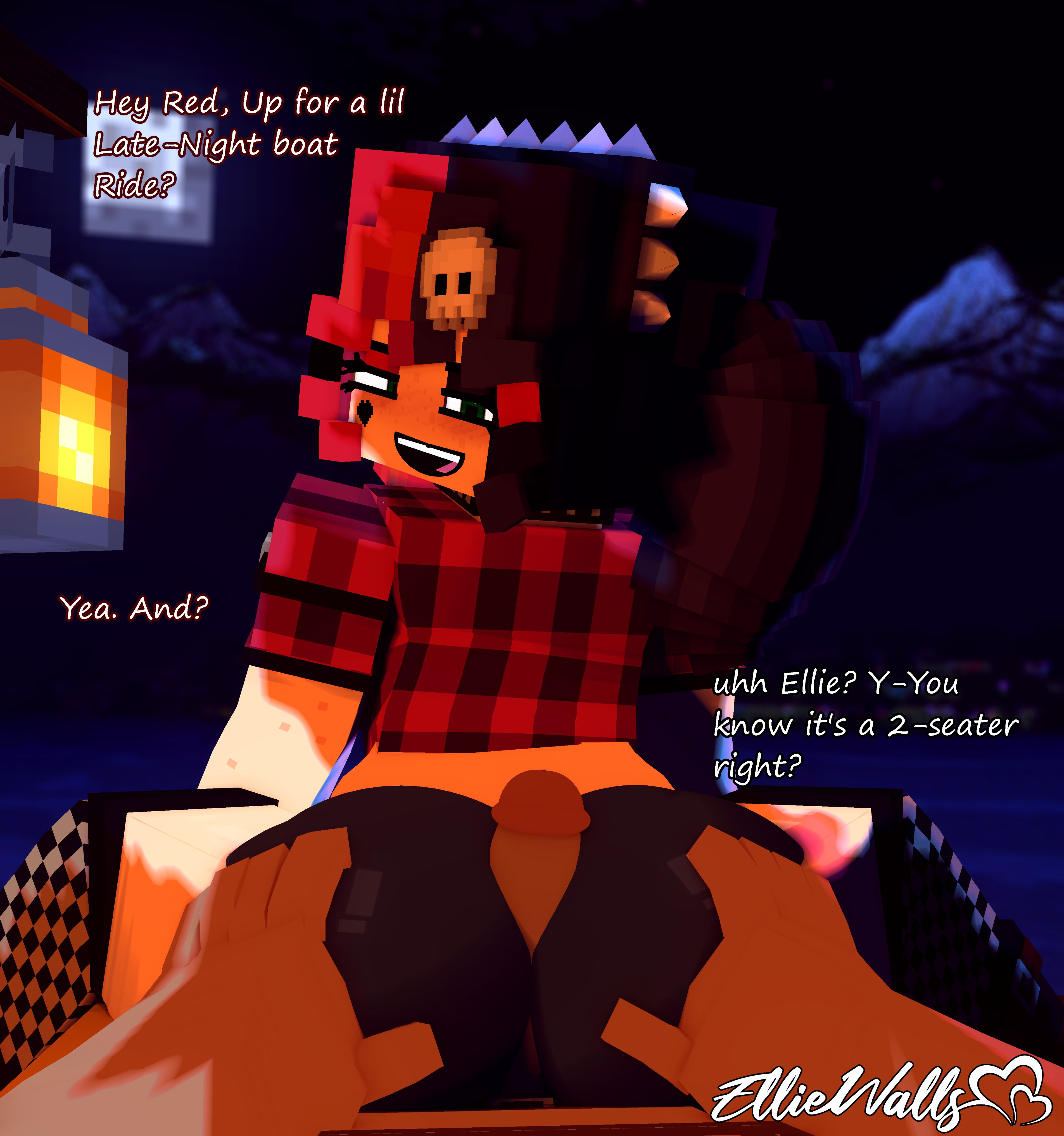 1girls, 3d, ass, ass grab, assjob, between buttocks, big ass, big penis, boat, bubble ass, bubble butt, buttjob, covered assjob, covered buttjob, dialogue, ellie walls (odysseyellie), face tattoo, female, flannel, flannel shirt, freckles, goth, goth girl, green eyes, heart tattoo, hot dogging, huge ass, large ass, looking at viewer, looking back, male, male pov, mine-imator, minecraft, odysseyellie, penis, penis between ass, pov, shirt, shorts, skull hair ornament, spiked hairband, straight, tattoo, text, thick ass, thick thighs, two-tone hair, wide hips