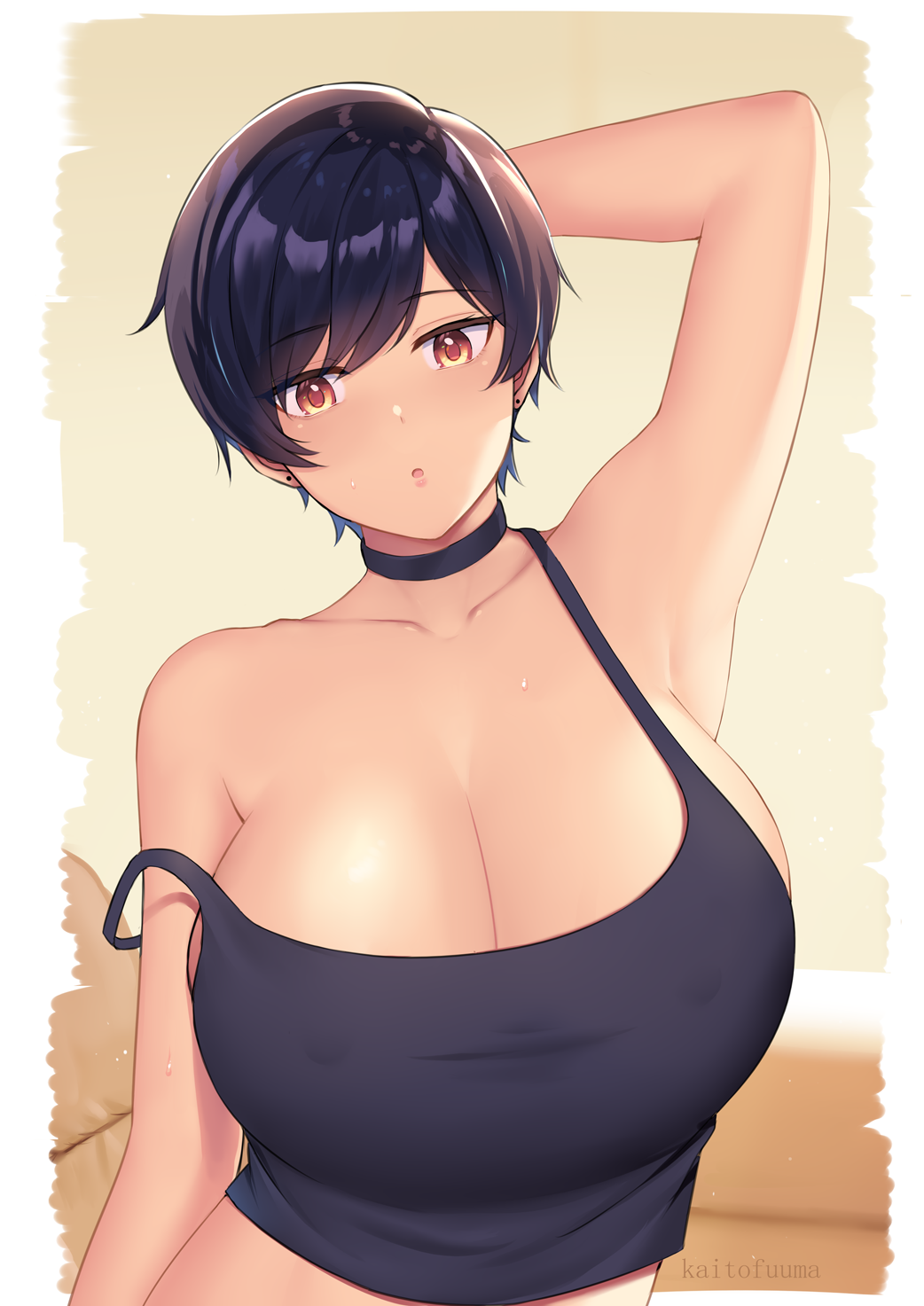 1girls :o arm_behind_head arm_up armpit artist_name artist_signature bakunyuu bangs bare_arms bare_shoulders black_choker black_crop_top black_earrings black_hair black_hair_female black_neckwear black_shirt black_tank_top borrowed_character braless breasts brown_eyes brown_hair_female bulging_breasts choker cleavage close-up collarbone covered_erect_nipples covered_nipples crop_top cropped_shirt earrings enormous_breasts erect_nipples erect_nipples_under_clothes eyebrows_visible_through_hair facing_viewer female_focus hi_res high_resolution highres huge_breasts huge_cleavage huge_nipples jewelry kaitofuuma looking_at_viewer looking_down massive_breasts neckwear nipples_bulge no_bra norman_maggot off_shoulder olive_laurentia open_mouth original parted_bangs pixie_cut pixie_cut_female pixie_cut_hair puffy_nipples shirt shirt_straps short_black_hair short_hair short_hair_female short_shirt solo solo_female strap_slip tank_top top_heavy_breasts upper_body very_short_hair voluptuous voluptuous_female