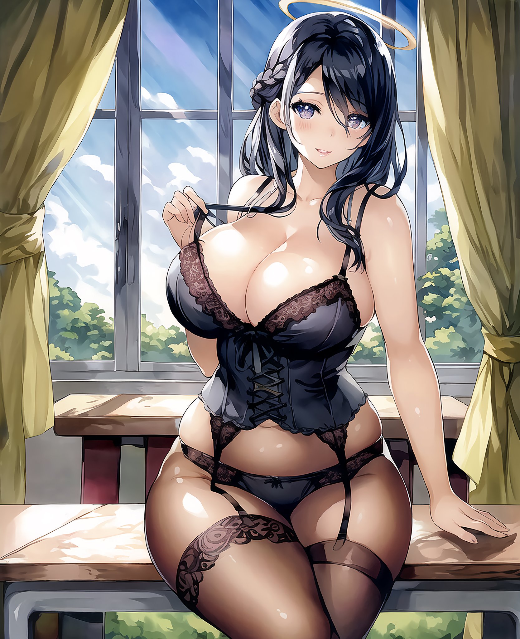 1girls, ai generated, angel, big breasts, black lingerie, breasts, curvy figure, female, female focus, female only, long hair, looking at viewer, nai diffusion, original, original character, solo, stable diffusion, voluptuous, voluptuous female