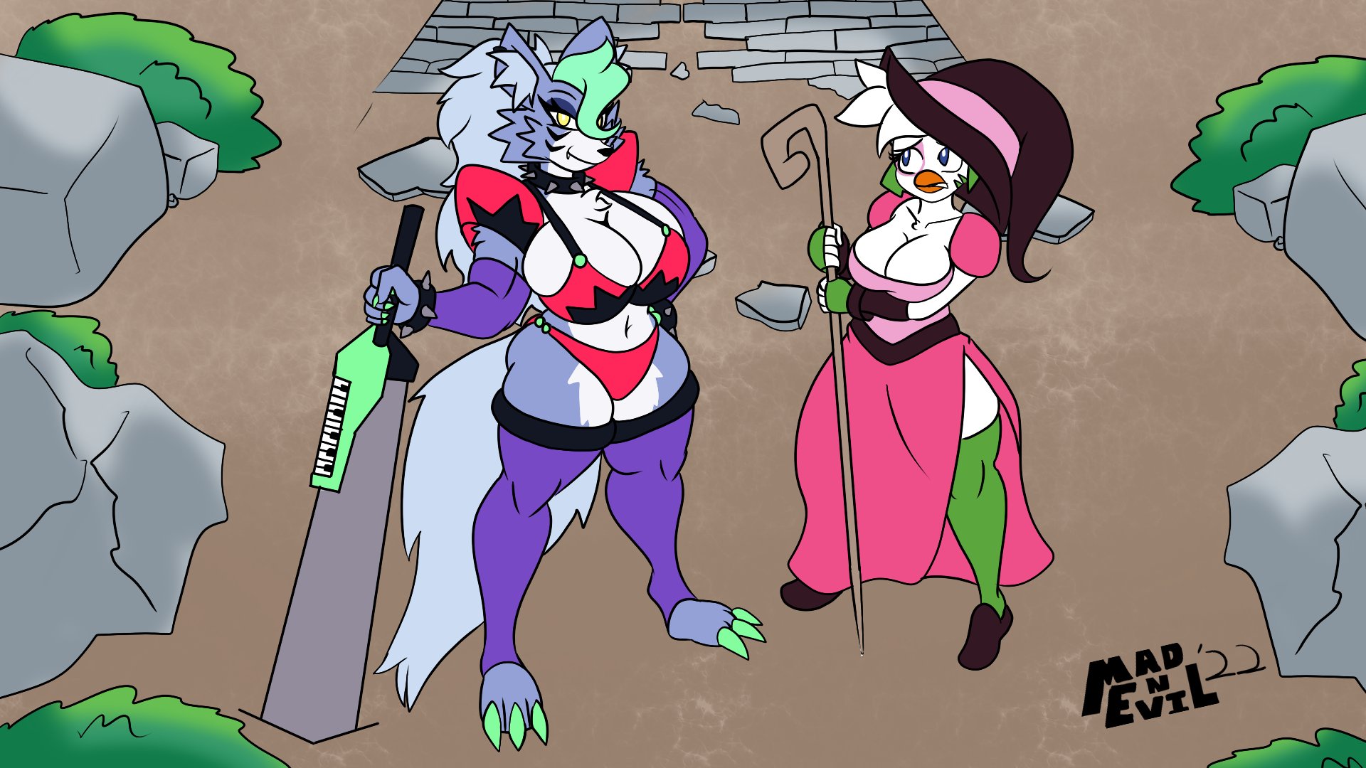 2d, 2d (artwork), 2d artwork, 2girls, big breasts, bikini, bikini armor, breasts, claws, cleavage, dress, female, five nights at freddy's, five nights at freddy's: security breach, fnaf, furry, glamrock chica (fnaf), mad n evil, panties, roxanne wolf (fnaf), rpg, scottgames, smile, steel wool studios, sword, witch costume, witch hat, wolf ears, wolf girl, wooden staff