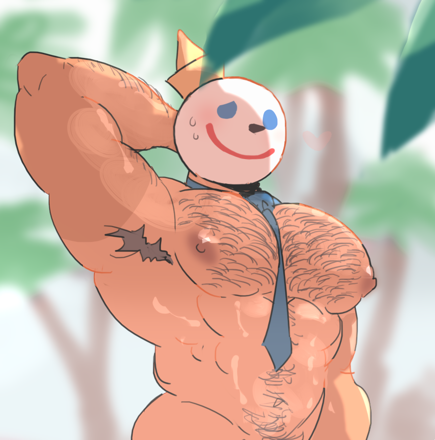 1boy arm_up armpit armpit_hair bara bara_tits big_pecs chest_hair hairy hokawazu jack_box jack_in_the_box male male_only mascot mascot_head muscles muscular nude outdoors solo solo_male sweaty tanline