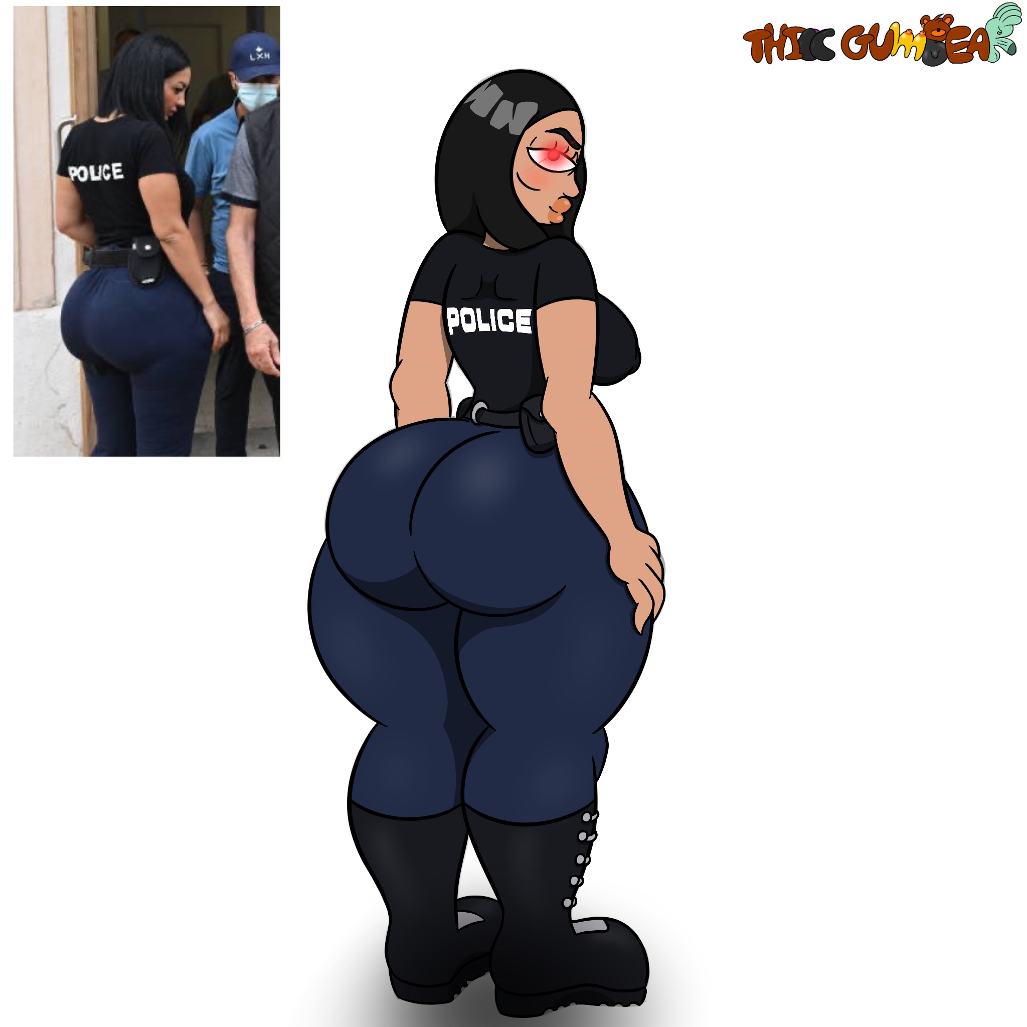 ass, big breasts, big lips, big nipples, blue pants, boots, breasts, digital drawing (artwork), digital media (artwork), eyebrows, eyelashes, female, glowing eyes, long hair, police, police officer, police uniform, policewoman, red eyes, shaded, t-shirt, thicc french policewoman, thiccgumbear, thick ass, thick thighs, thighs, utility belt, wide hips