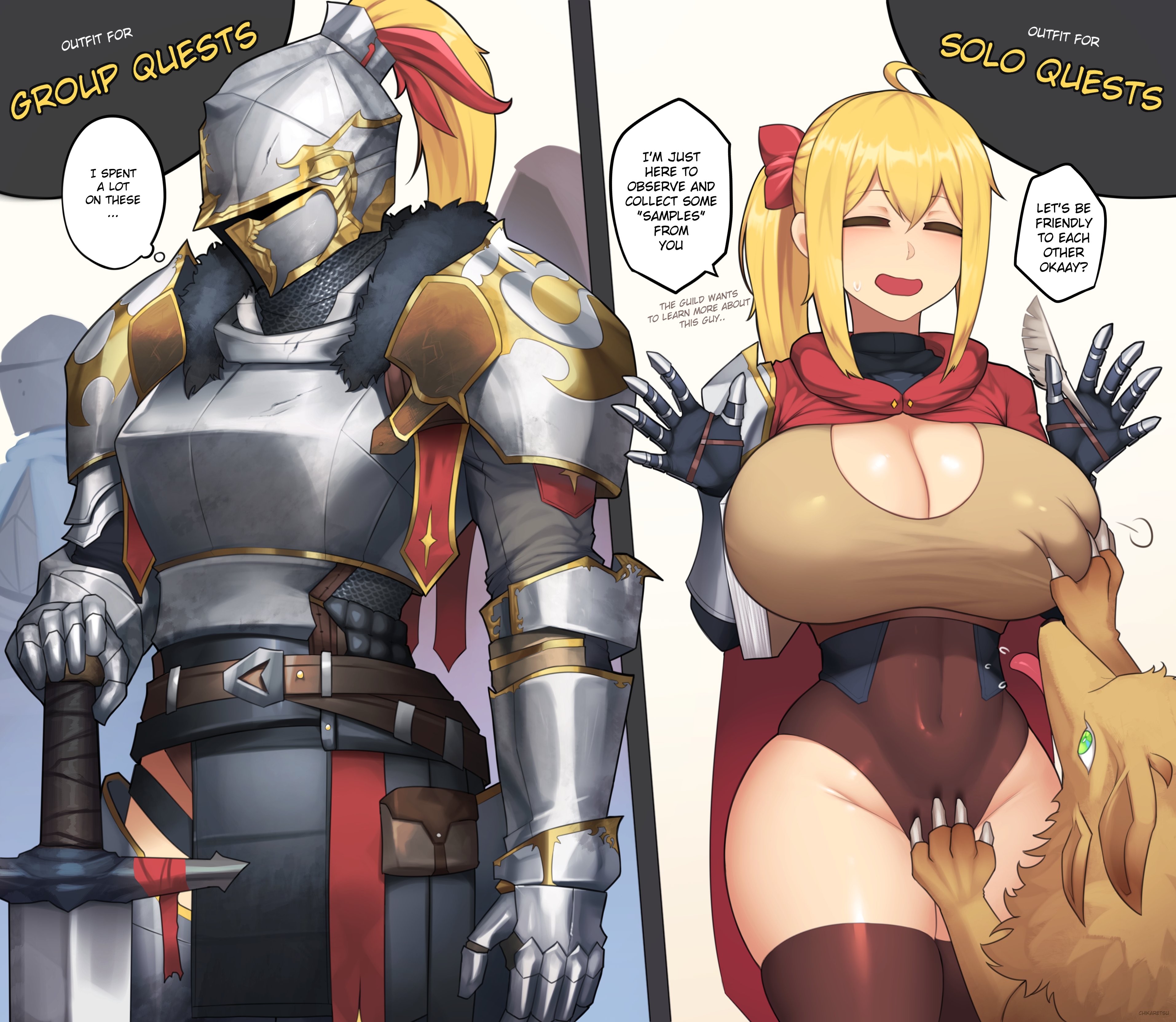 1girls, armor, bare thighs, big breasts, blonde hair, boob window, breasts, cape, chikaretsu, eyes closed, female, female knight, green eyes, hourglass figure, knight, lune (chikaretsu), mmorpg, original, slim waist, sword, tagme, text bubble, thigh highs, weapon, wide hips, wolf, yellow eyes