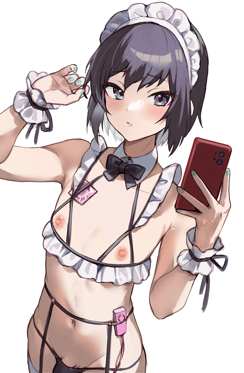 1boy aqua_nails armpit_crease bangs bikini black_hair blush bow bowtie bulge cellphone commentary_request condom condom_wrapper cowboy_shot cupless_bikini detached_collar femboy furrowed_brow girly groin highres holding holding_phone looking_away lowleg lowleg_bikini maid_bikini maid_headdress male male_focus male_only nail_polish navel nipples original otoko_no_ko parted_lips penis penis_peek phone purple_eyes remote_control_vibrator sex_toy short_hair simple_background small_penis smartphone solo standing swimsuit trap tsurime variant_set vibrator white_background wrist_cuffs yoruhachi