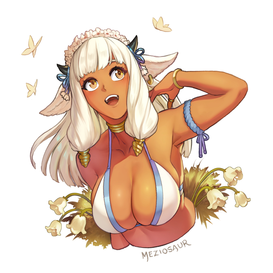 1girls alternate_costume animal_ears ash_(fire_emblem) bikini black_horns breasts brown_eyes bug butterfly cleavage collar commentary cow_ears cow_girl cow_horns cropped_torso dark-skinned_female dark_skin ear_piercing english_commentary female female_only fire_emblem fire_emblem_heroes flower head_wreath horns large_breasts long_hair looking_at_viewer looking_up meziosaur nintendo open_mouth piercing simple_background smile solo swimsuit tan_body tan_skin teeth upper_teeth white_background white_bikini white_flower white_hair white_swimsuit