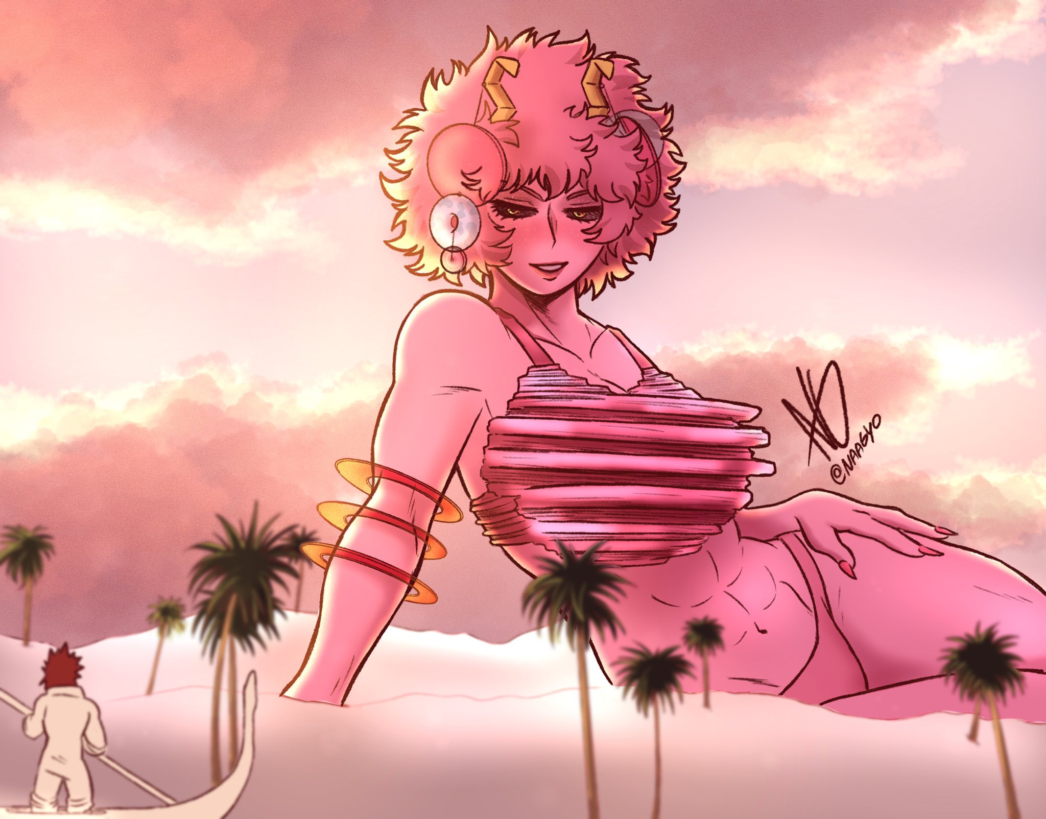 1girls, abs, accessory, black sclera, eijirou kirishima, female, female focus, female only, fit, fit female, giantess, horns, mina ashido, my hero academia, naagyoo, palm tree, pink hair, pink skin, posing, seductive