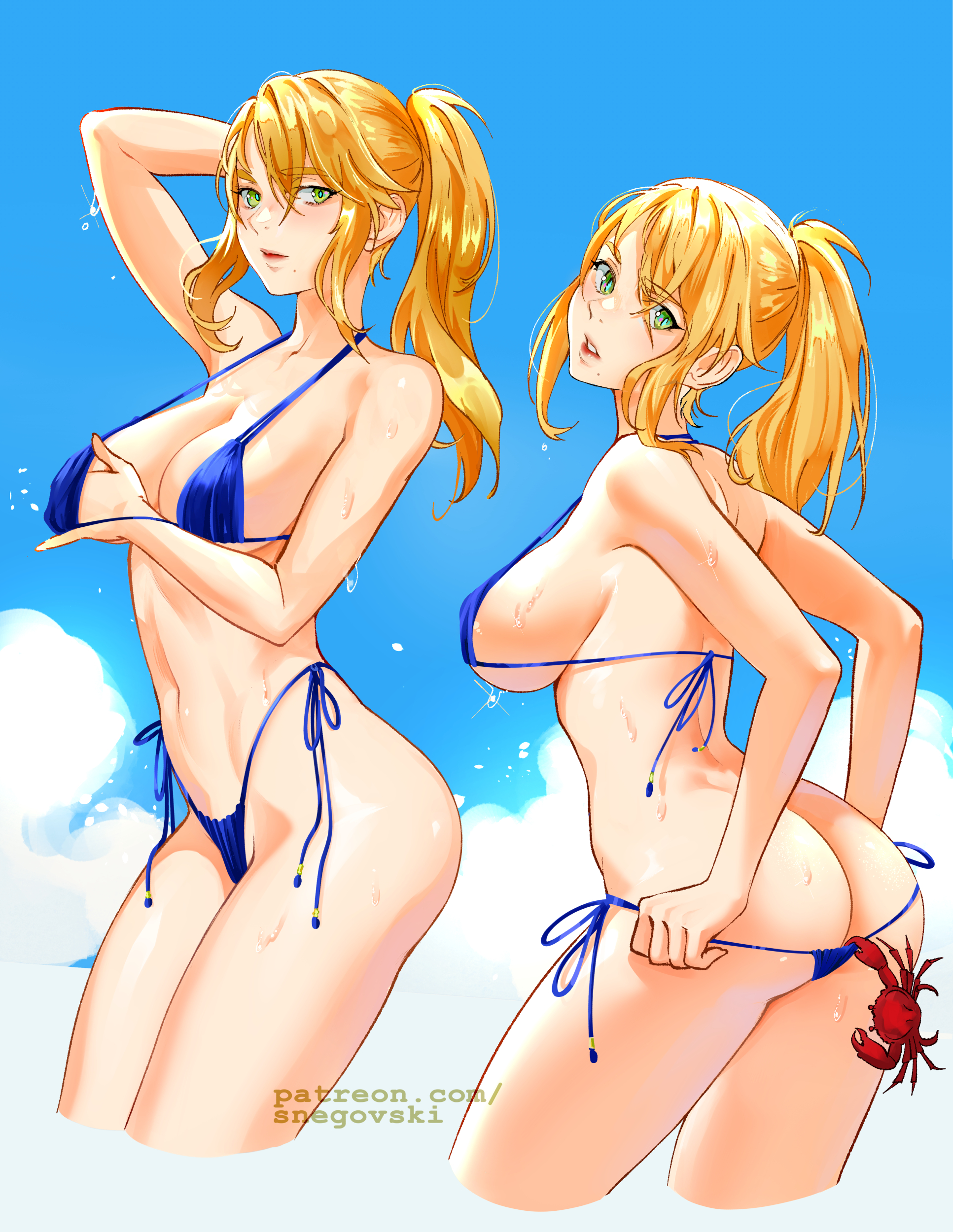1girls, ass, ass cleavage, ass crack, bikini, blonde hair, breasts, butt crack, cleavage, crab, female, large breasts, looking at viewer, metroid, ponytail, samus aran, snegovski, standing, string bikini, swimsuit