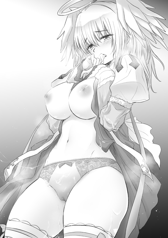 arch_bishop_(ragnarok_online) bangs biting blush bow bow_panties breath clothes_lift commentary_request commission cowboy_shot cross cum cum_on_clothes dress dress_lift female finger_biting frilled_thighhighs frills hair_between_eyes halo head_wings juliet_sleeves lace lace_panties lifted_by_self long_hair long_sleeves mizuki_takehito navel nipples open_mouth panties plaid puffy_sleeves ragnarok_online skeb_commission solo thighhighs underwear